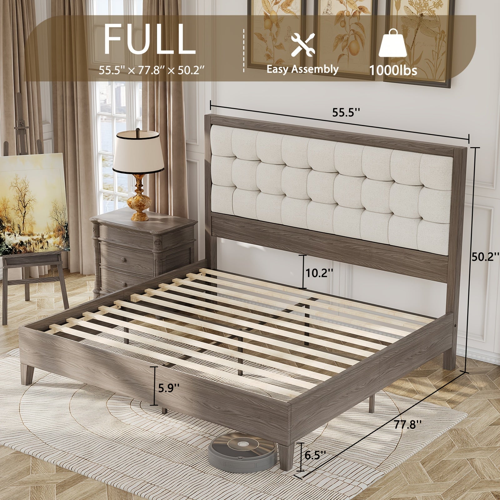 ALBOTT Mid-Century Solid Wood Bed with Padded Headboard And Wooden Slats Support, Box Spring Not Required