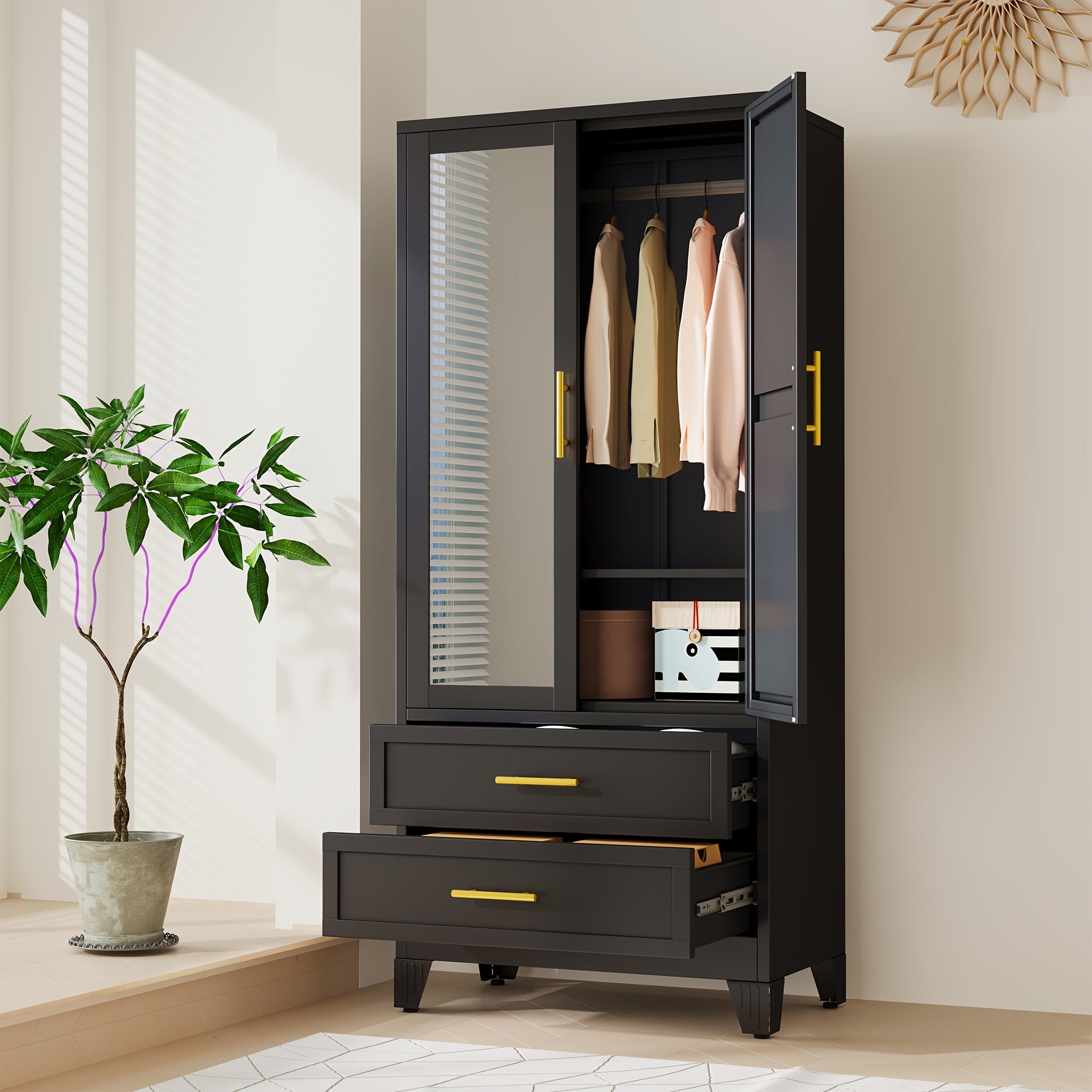 71 Inch Metal Wardrobe with Mirror, 2 Drawers, Adjustable Shelves And Hangers, Clothing Storage Cabinet for Bedroom