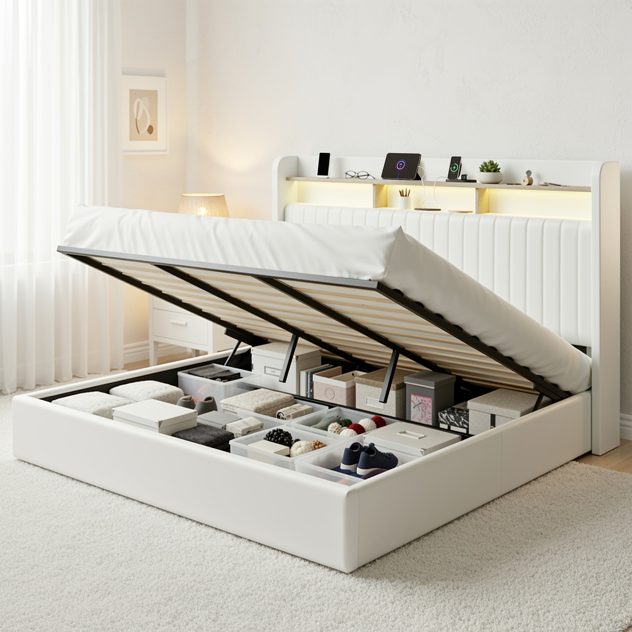 WEEWAY Elevate Storage Bed Frame, Plush Vertical Channel Headboard, LED Lighting And Charging Hub, Hydraulic Assistance, Silent Wooden Slats, No Box Spring Required, Bedroom Furnishings, Master Suite, Guest Room, Available in White, Black, Cream