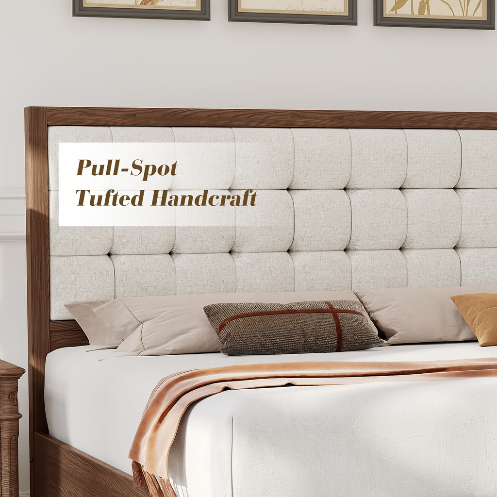 ALBOTT Mid-Century Solid Wood Bed with Padded Headboard And Wooden Slats Support, Box Spring Not Required