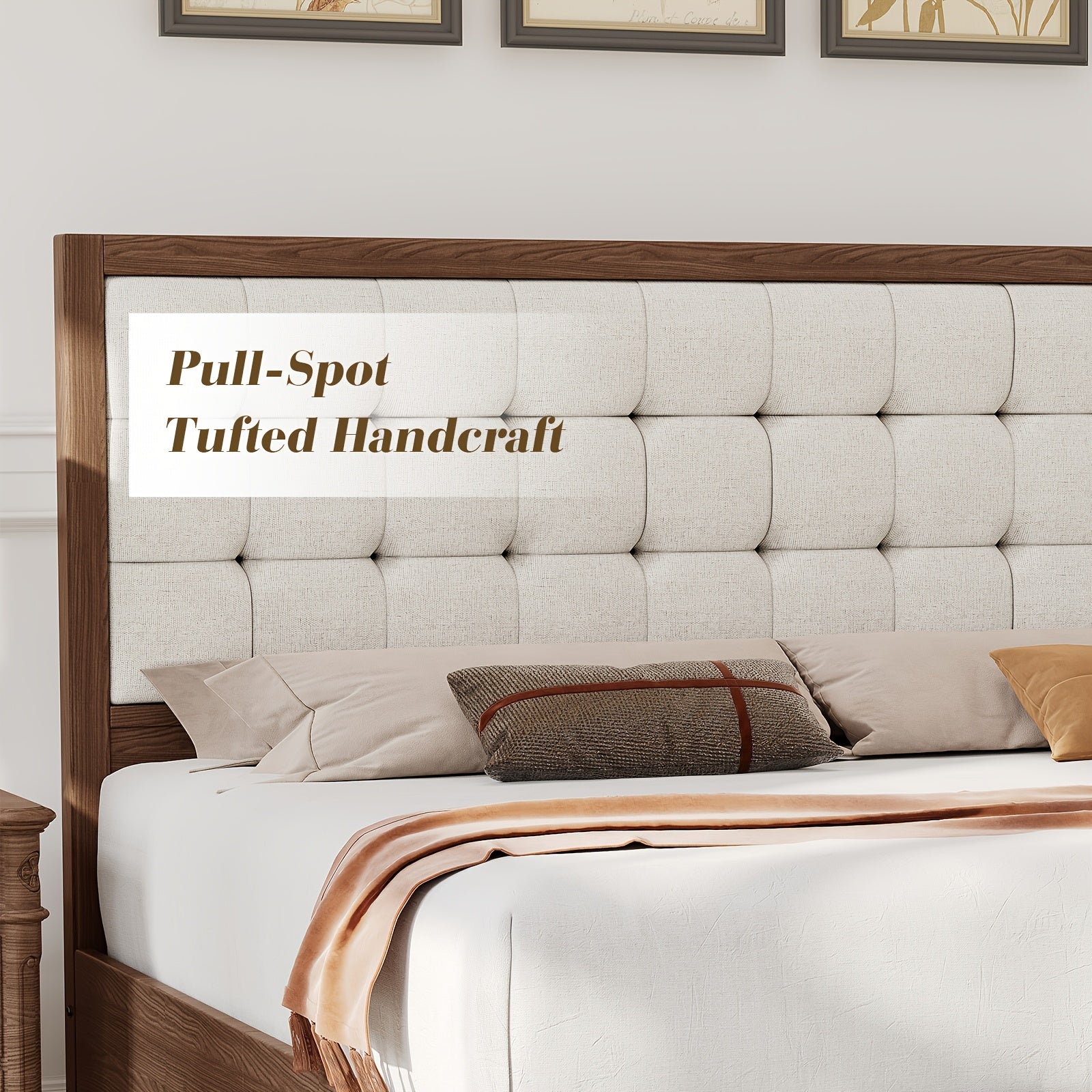 ALBOTT Mid-Century Solid Wood Bed with Padded Headboard And Wooden Slats Support, Box Spring Not Required