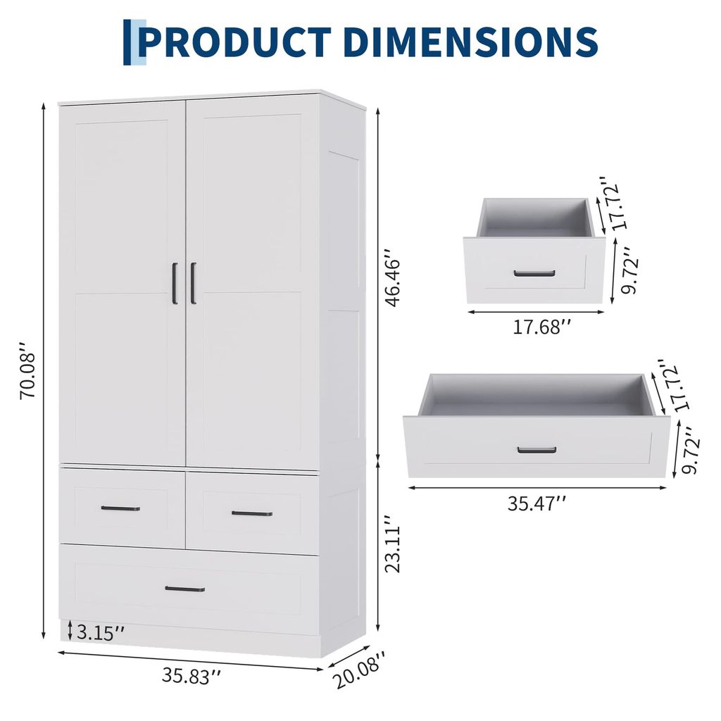 A 70-Inch Standalone Wooden Closet Designed for Bedrooms, Featuring Hanging Rods And Three Spacious Drawers, Ideal for Efficient Clothing Storage