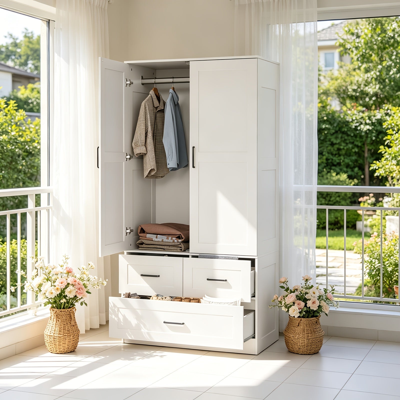 A 70-Inch Standalone Wooden Closet Designed for Bedrooms, Featuring Hanging Rods And Three Spacious Drawers, Ideal for Efficient Clothing Storage
