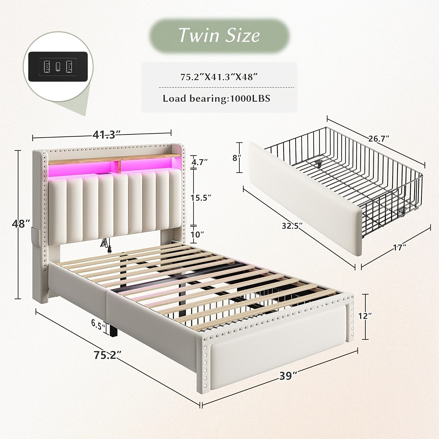 EnHomee Full&Queen&King Size, Bed Frame With 2-Tier Storage Headboard, With Charging Station, LED Light Platform Bed Frame, 2 Storage Drawers For Storing, Sturdy Wooden Slats Support, Noise-Free, No Box Spring Needed, Beige