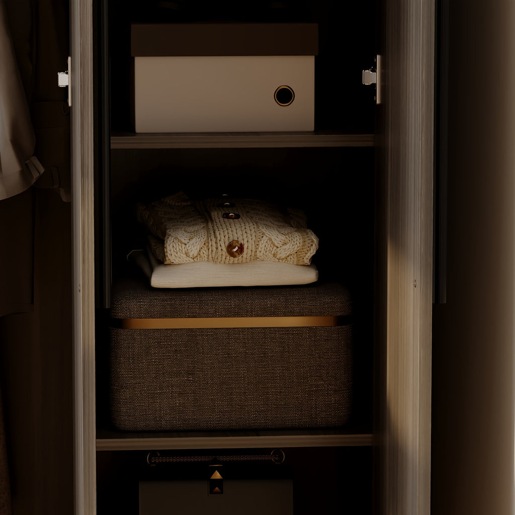 Contemporary Wooden Wardrobe with Three Doors, Designed for Clothing Storage, Featuring Six Compartments And a Hanging Rod. This Closet Includes Handles And Is Suitable for Bedrooms, Offering Ample Storage Space in Grey, Brown, And White Finishes