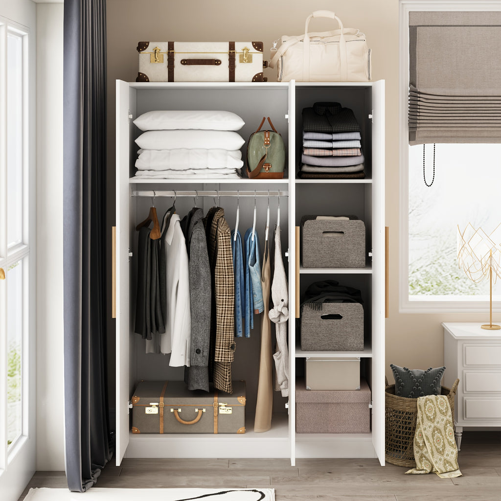 Contemporary Wooden Wardrobe with Three Doors, Designed for Clothing Storage, Featuring Six Compartments And a Hanging Rod. This Closet Includes Handles And Is Suitable for Bedrooms, Offering Ample Storage Space in Grey, Brown, And White Finishes