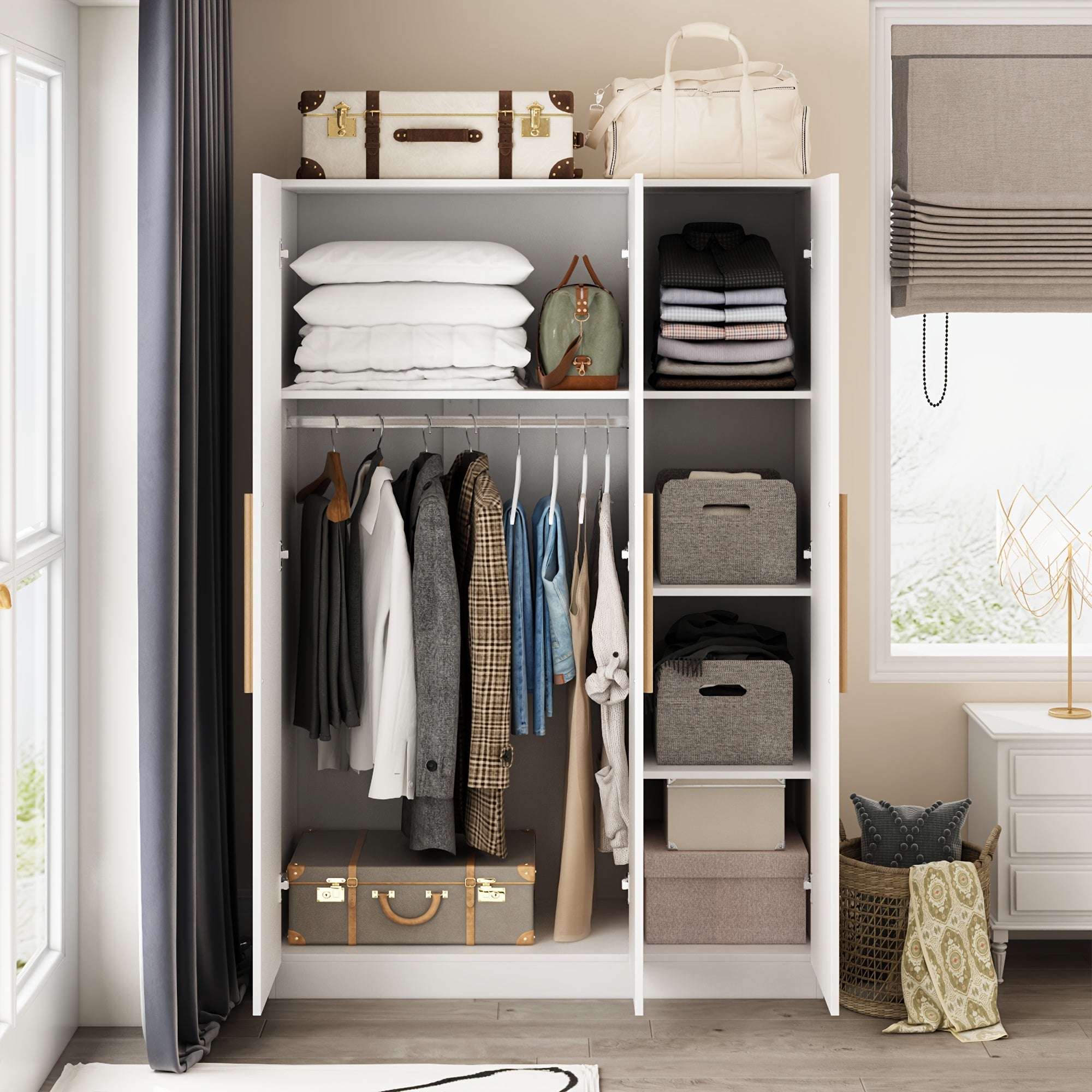 Contemporary Wooden Wardrobe with Three Doors, Designed for Clothing Storage, Featuring Six Compartments And a Hanging Rod. This Closet Includes Handles And Is Suitable for Bedrooms, Offering Ample Storage Space in Grey, Brown, And White Finishes