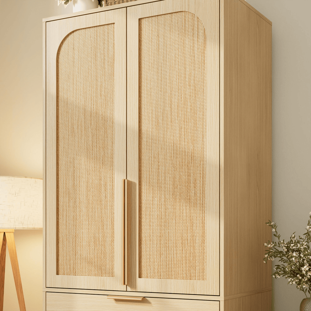 Large Capacity Wooden Wardrobe Cabinet with Rattan Doors, 69.5 in Armoire Closet Featuring 3 Drawers, Hanging Rod, And 2 Doors for Bedroom Clothing Storage, Natural End