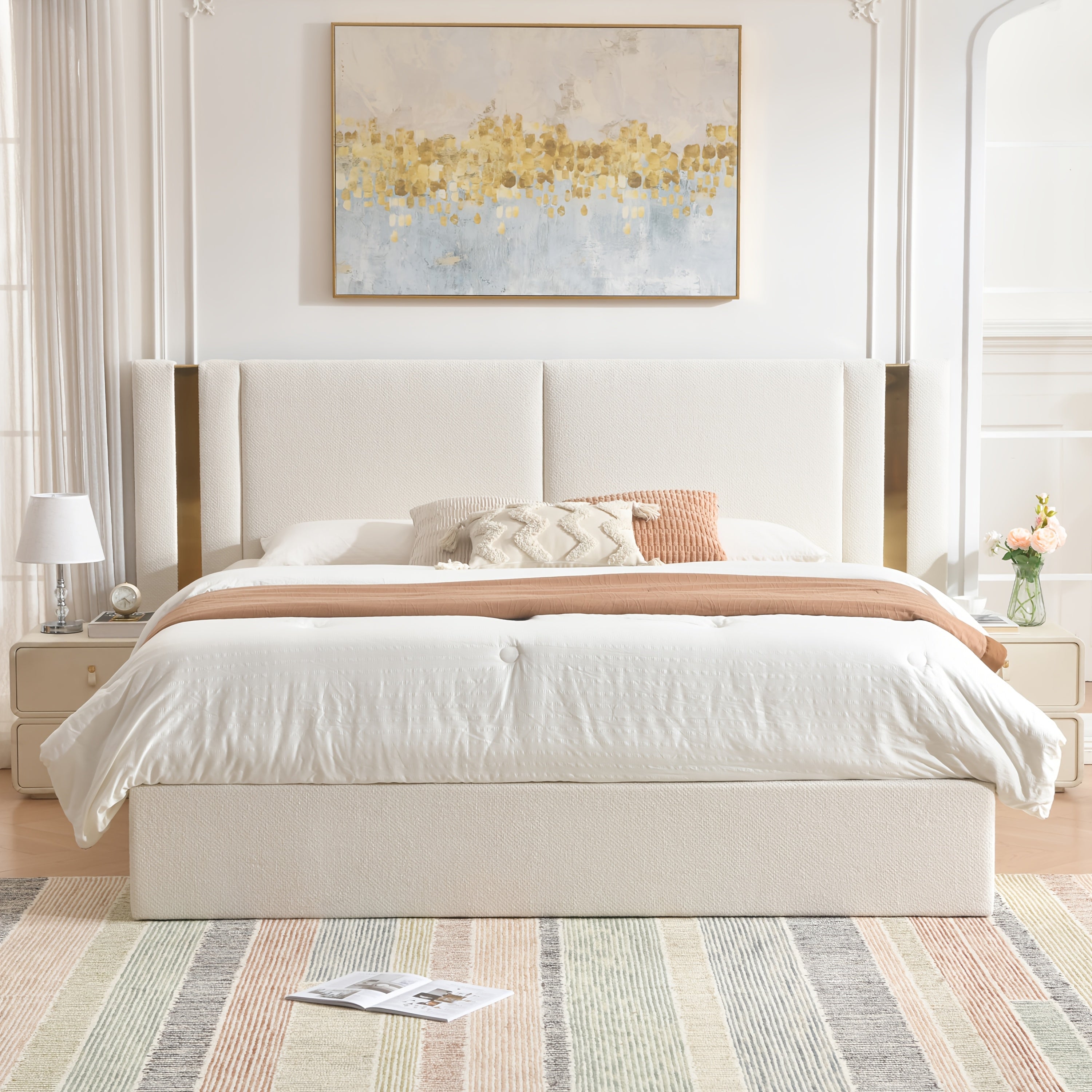 Platform Bed Frame in Queen Or King Size with a Lift-Up Feature for Ample Storage Beneath, Crafted from Wood, Eliminating The Need for a Box Spring, Easy to Assemble, Available in White Or Mink