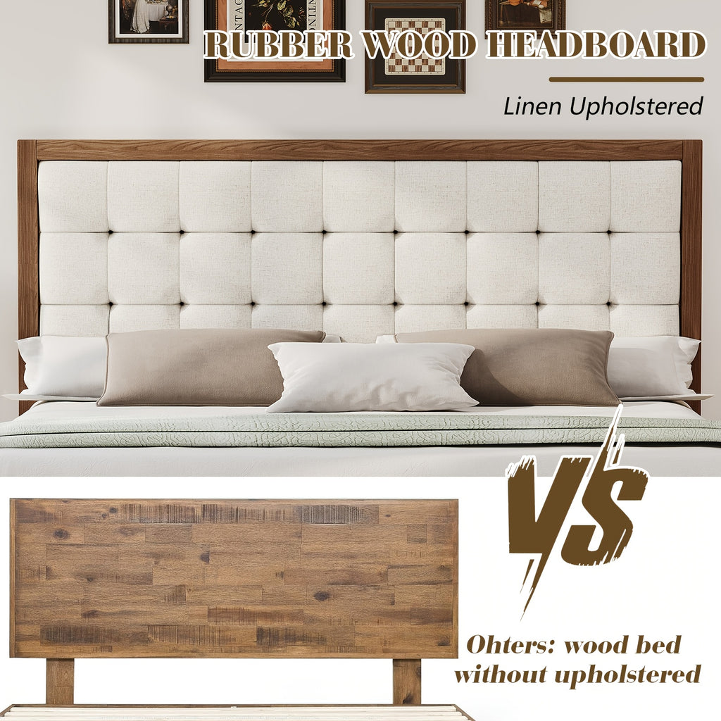 ALBOTT Mid-Century Solid Wood Bed with Padded Headboard And Wooden Slats Support, Box Spring Not Required