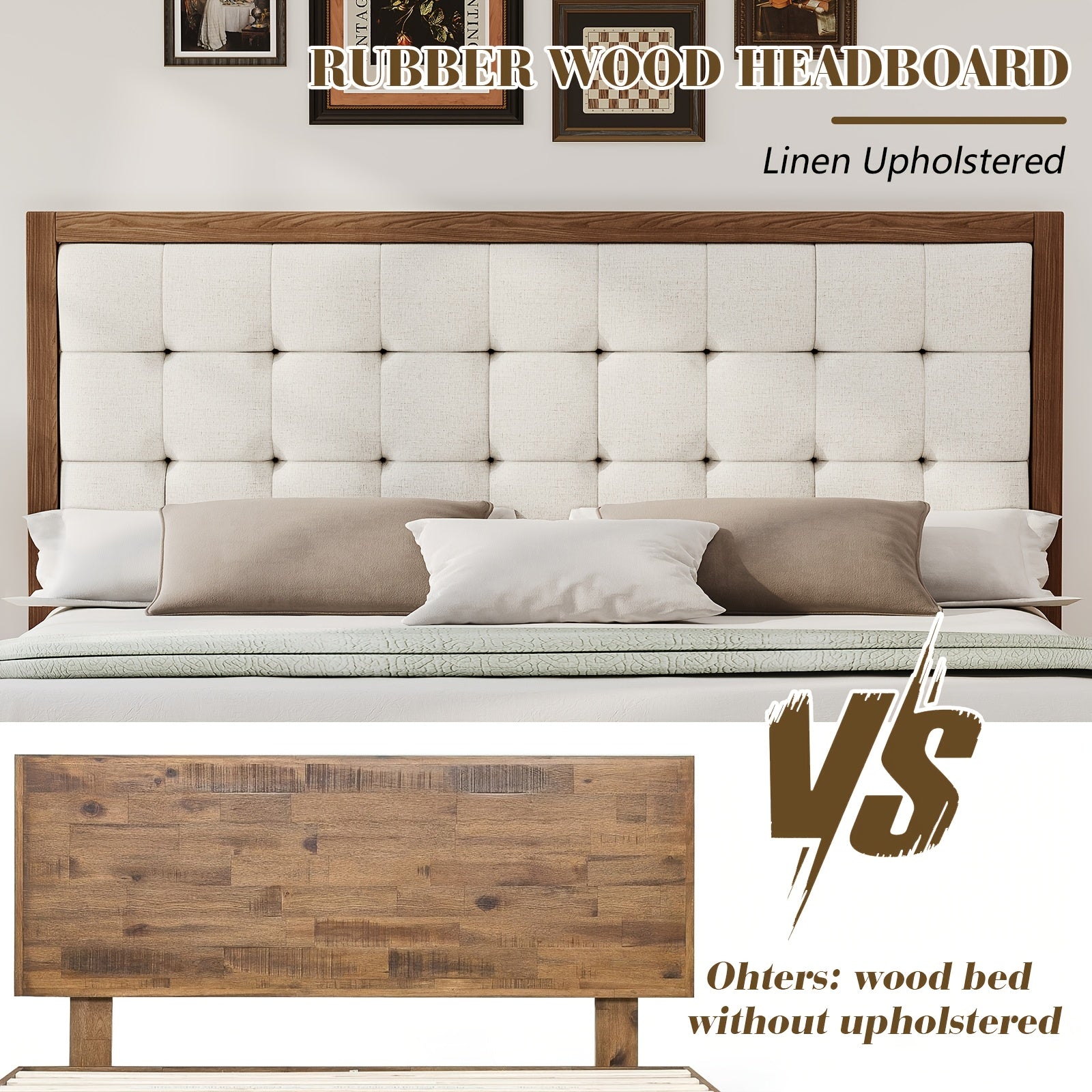 ALBOTT Mid-Century Solid Wood Bed with Padded Headboard And Wooden Slats Support, Box Spring Not Required