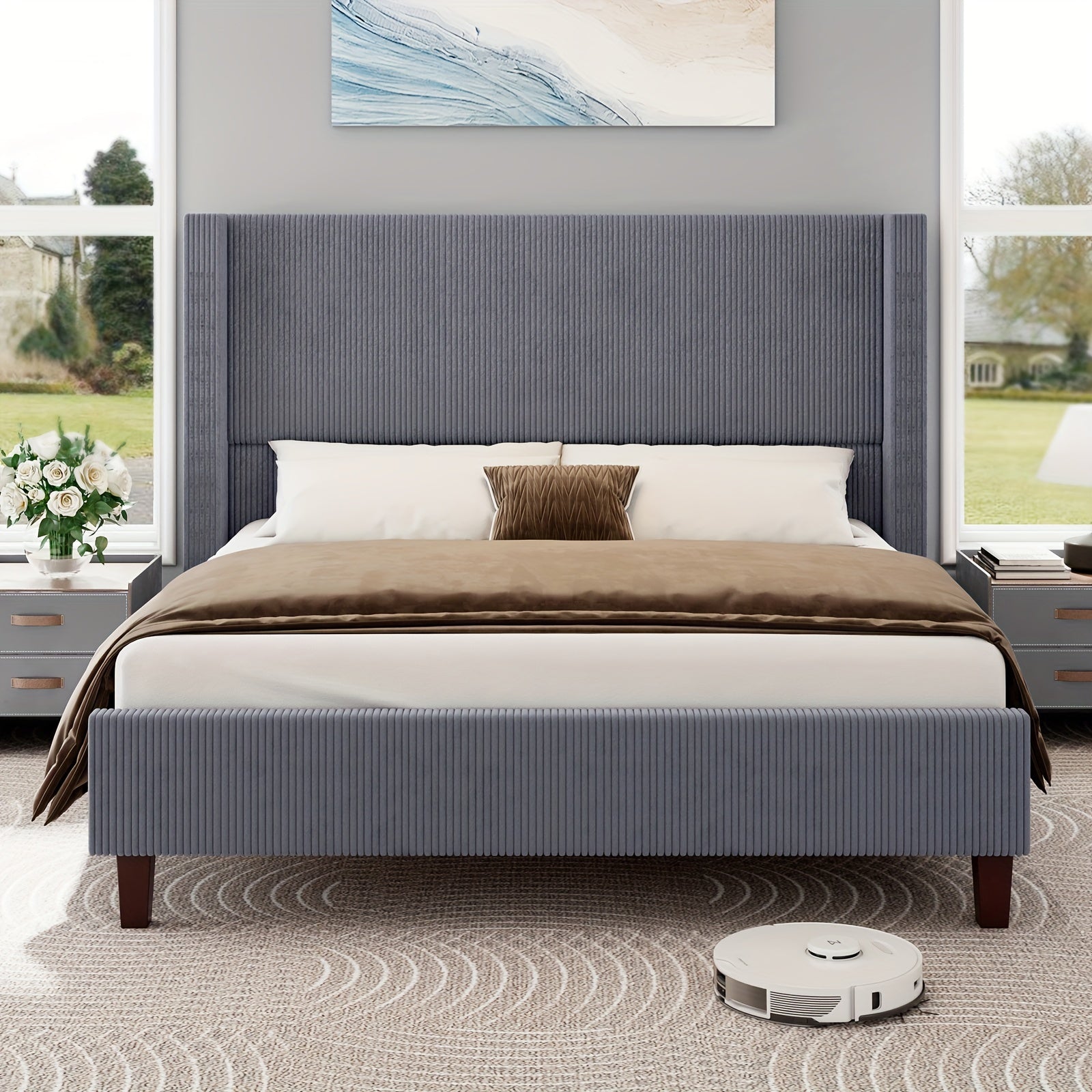 50.8 Inches High Upholstered Wingback Bed Frame - Robust Platform Featuring Solid Wood Legs And Corduroy Fabric, No Box Spring Required