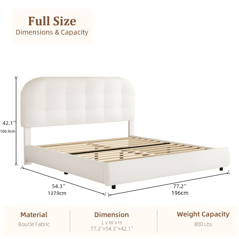 Hombck Twin Full Queen King Size Bed Frame, Upholstered Boucle Bed Frame King Size with Headboard, Soft Cloud Bed Frame with Thickened Footboard, Rounded Corners, No Box Spring Required, Easy Assembly, Cream\u002FWhite