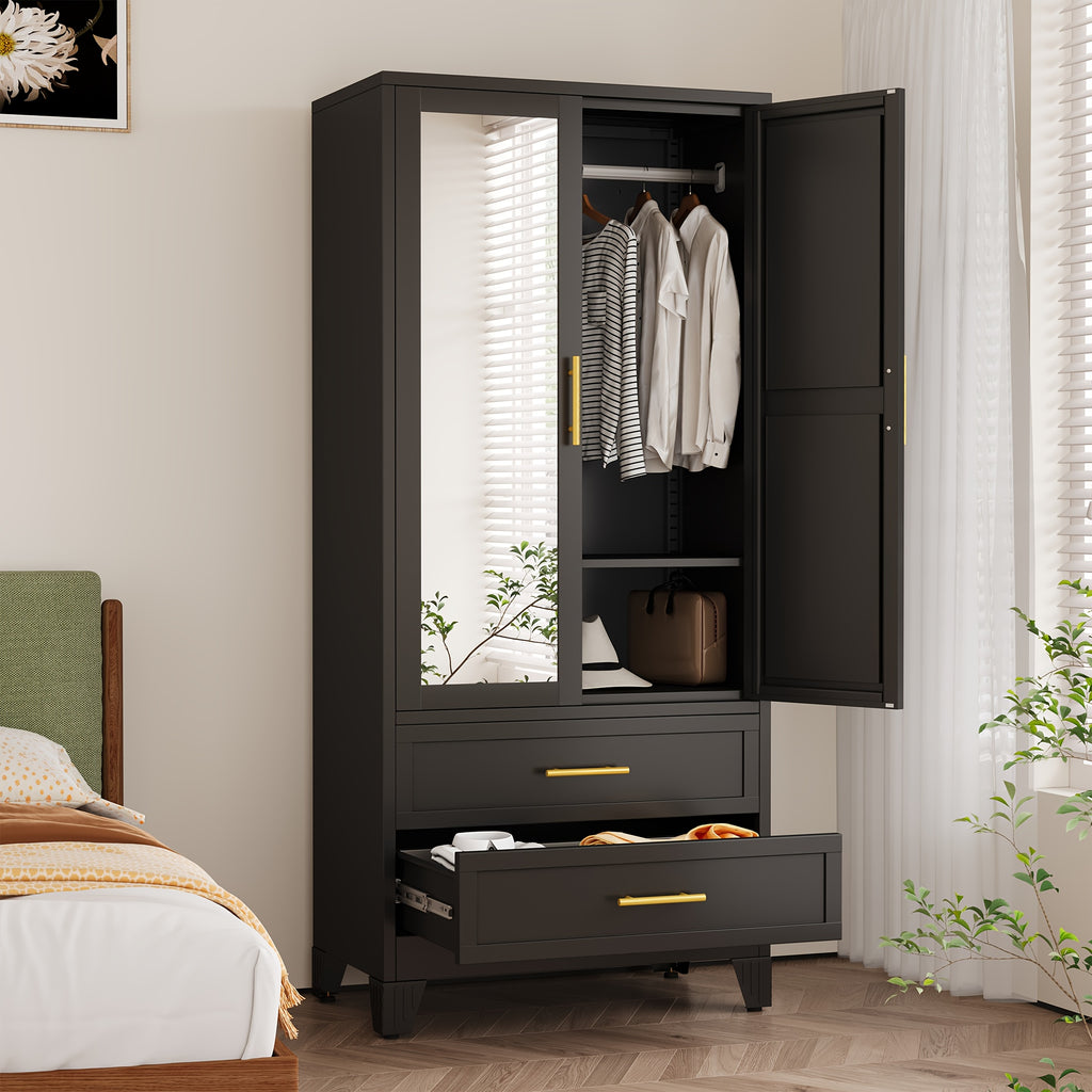 71 Inch Metal Wardrobe with Mirror, 2 Drawers, Adjustable Shelves And Hangers, Clothing Storage Cabinet for Bedroom