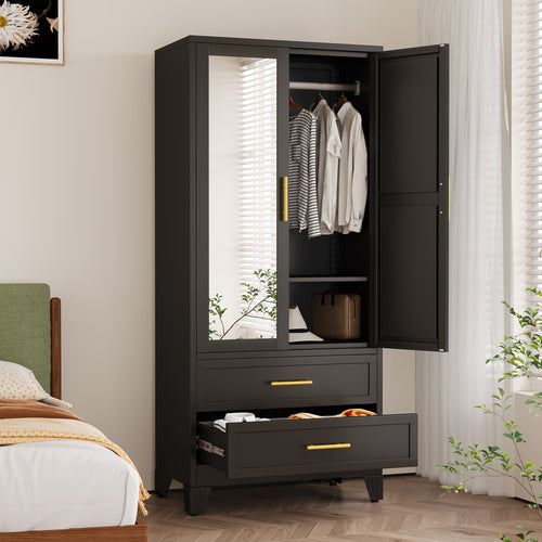 71 Inch Metal Wardrobe with Mirror, 2 Drawers, Adjustable Shelves And Hangers, Clothing Storage Cabinet for Bedroom