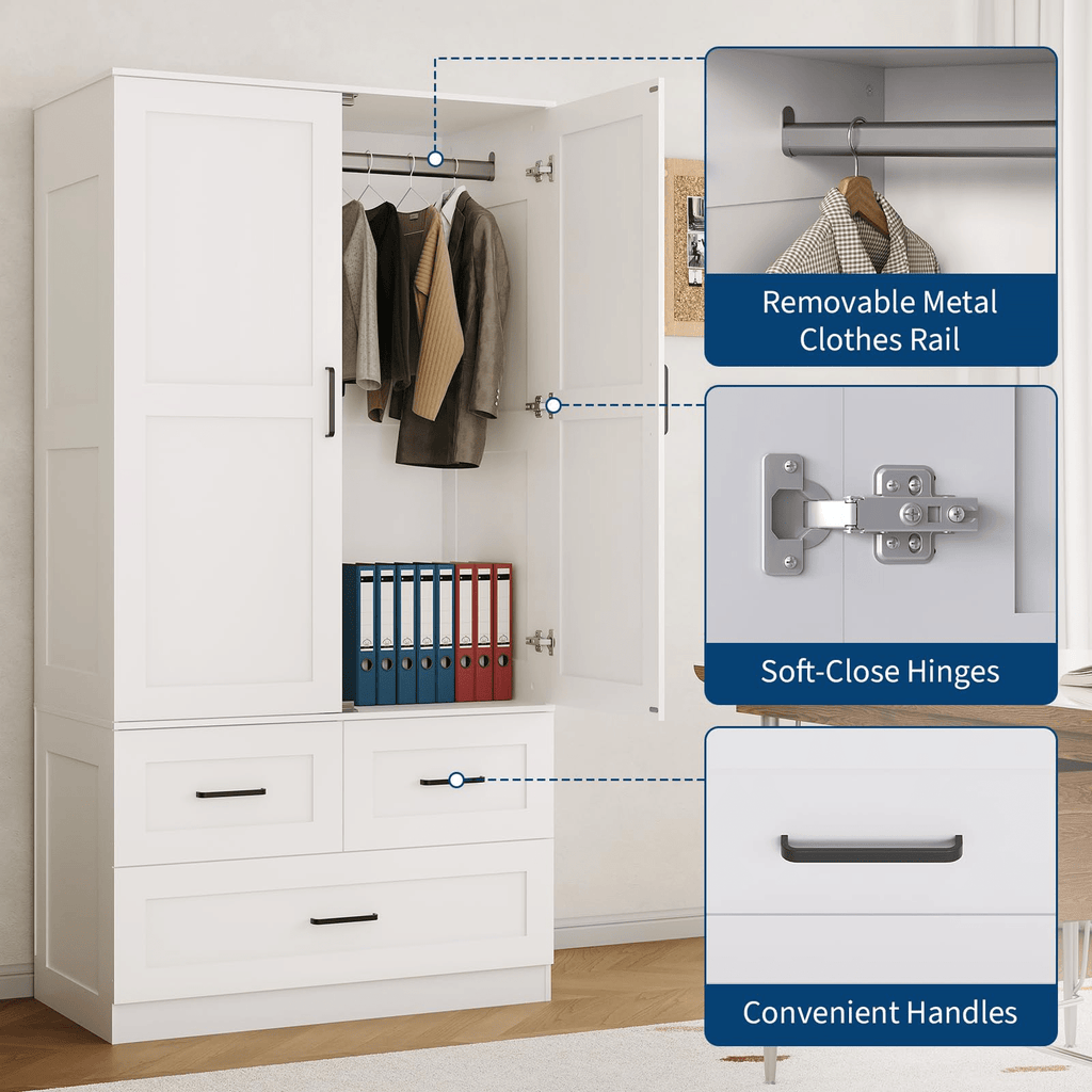A 70-Inch Standalone Wooden Closet Designed for Bedrooms, Featuring Hanging Rods And Three Spacious Drawers, Ideal for Efficient Clothing Storage