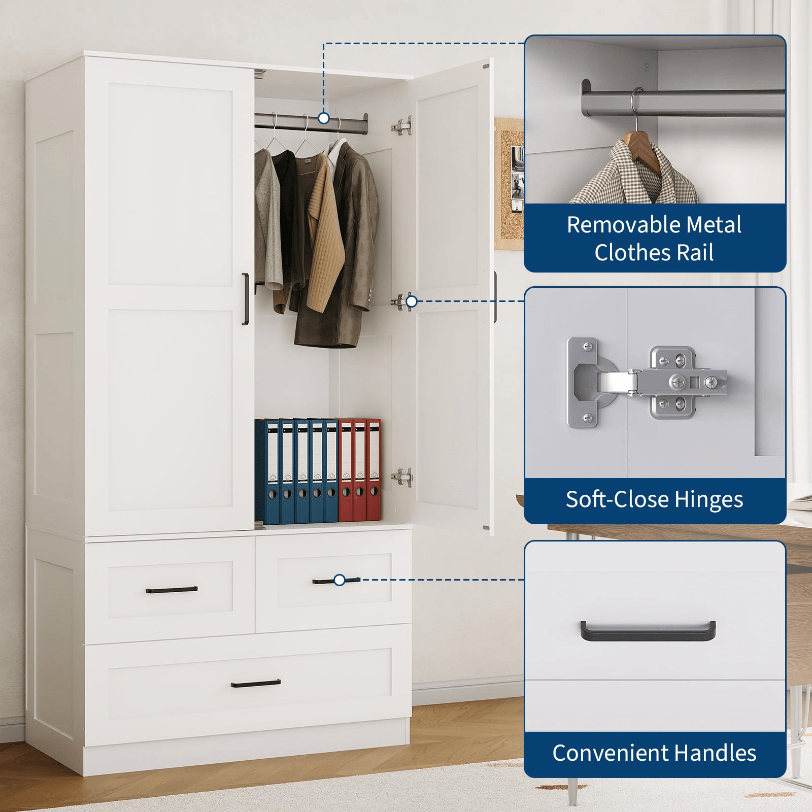 A 70-Inch Standalone Wooden Closet Designed for Bedrooms, Featuring Hanging Rods And Three Spacious Drawers, Ideal for Efficient Clothing Storage
