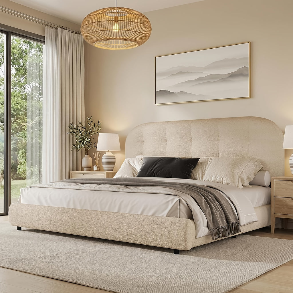 Hombck Twin Full Queen King Size Bed Frame, Upholstered Boucle Bed Frame King Size with Headboard, Soft Cloud Bed Frame with Thickened Footboard, Rounded Corners, No Box Spring Required, Easy Assembly, Cream\u002FWhite