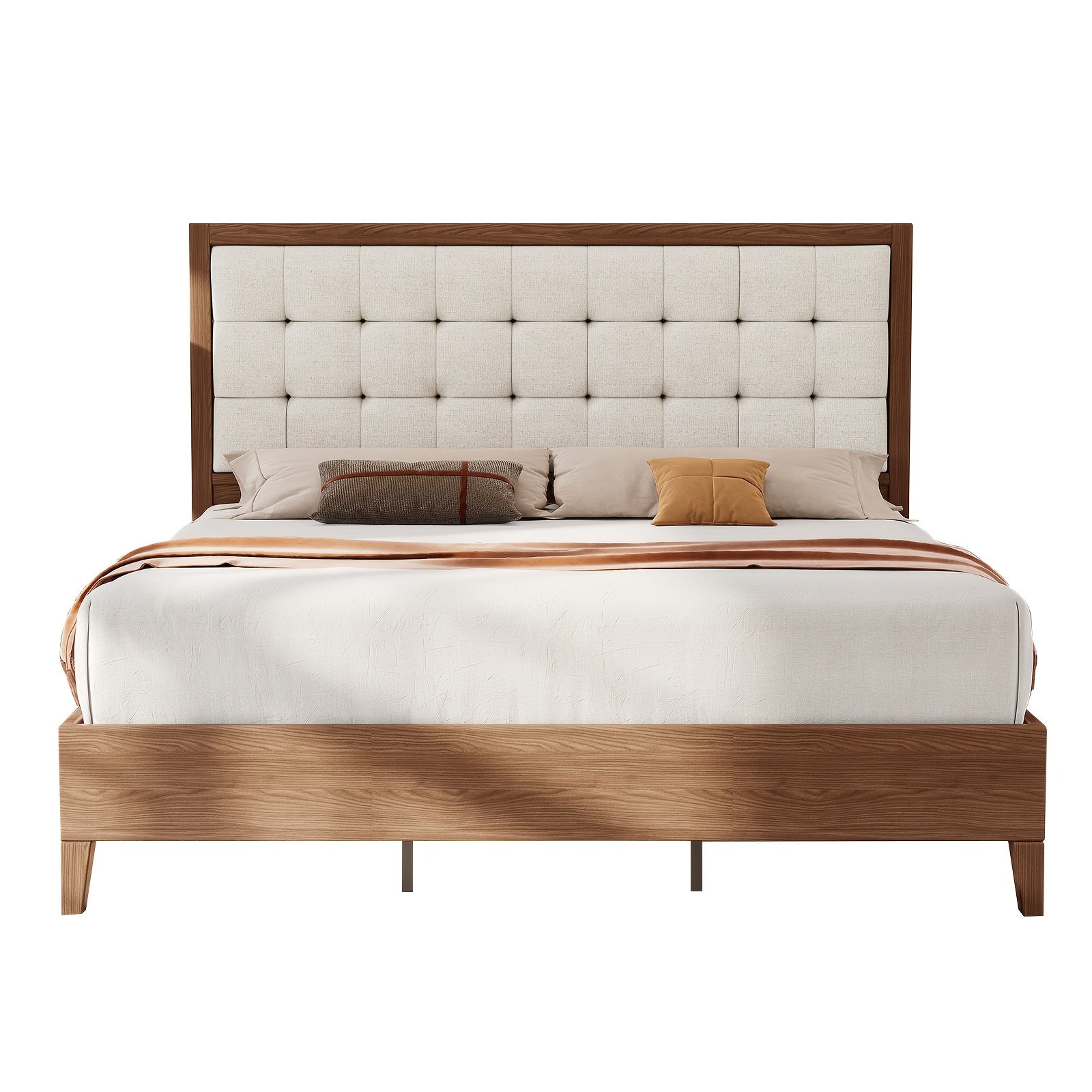 ALBOTT Mid-Century Solid Wood Bed with Padded Headboard And Wooden Slats Support, Box Spring Not Required