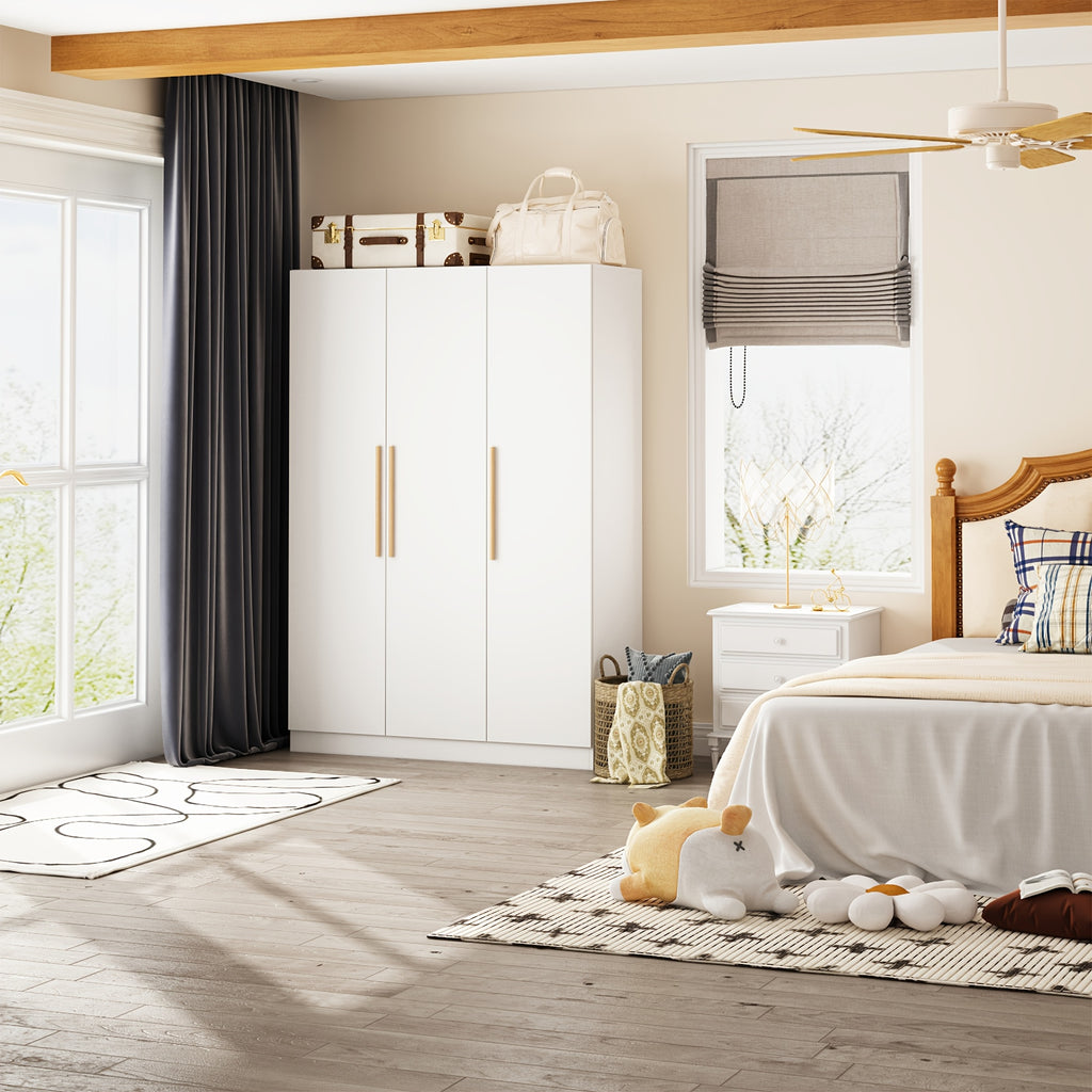 Contemporary Wooden Wardrobe with Three Doors, Designed for Clothing Storage, Featuring Six Compartments And a Hanging Rod. This Closet Includes Handles And Is Suitable for Bedrooms, Offering Ample Storage Space in Grey, Brown, And White Finishes