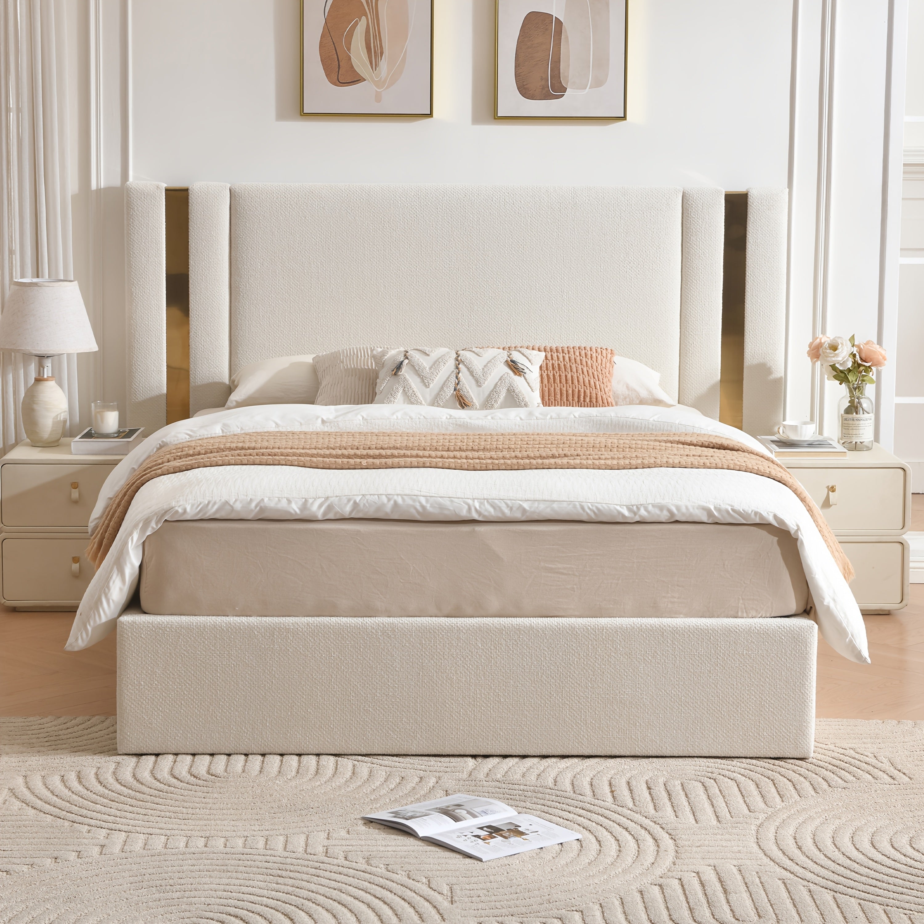 Platform Bed Frame in Queen Or King Size with a Lift-Up Feature for Ample Storage Beneath, Crafted from Wood, Eliminating The Need for a Box Spring, Easy to Assemble, Available in White Or Mink