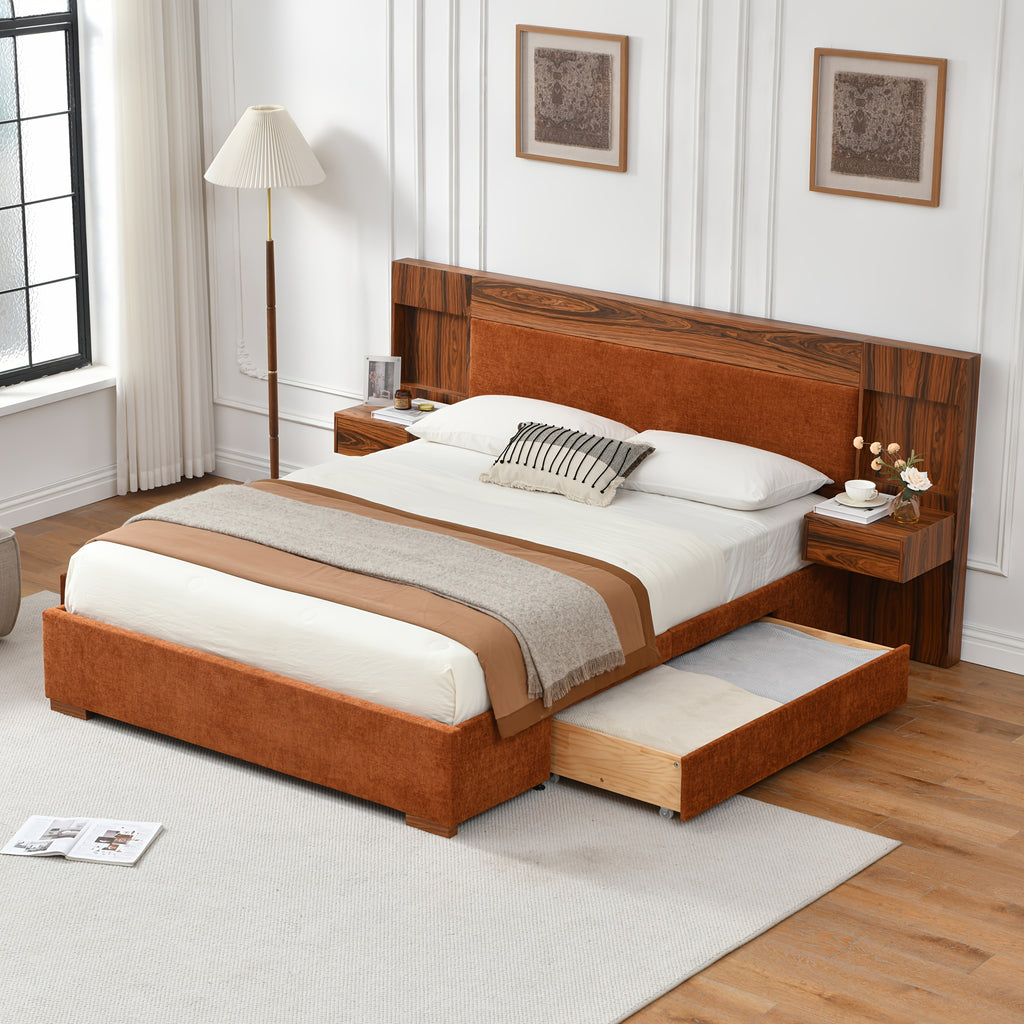 King\u002FQueen Size Wood Platform Bed Frame with Hotel-Style Linen Upholstered Headboard, Nightstands & 2 Large Drawers & Storage Headboard, Wood Slat Support, No Box Spring Needed, Easy Assembly, Ocher\u002FCream