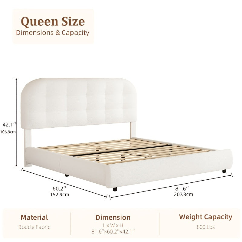 Hombck Twin Full Queen King Size Bed Frame, Upholstered Boucle Bed Frame King Size with Headboard, Soft Cloud Bed Frame with Thickened Footboard, Rounded Corners, No Box Spring Required, Easy Assembly, Cream\u002FWhite