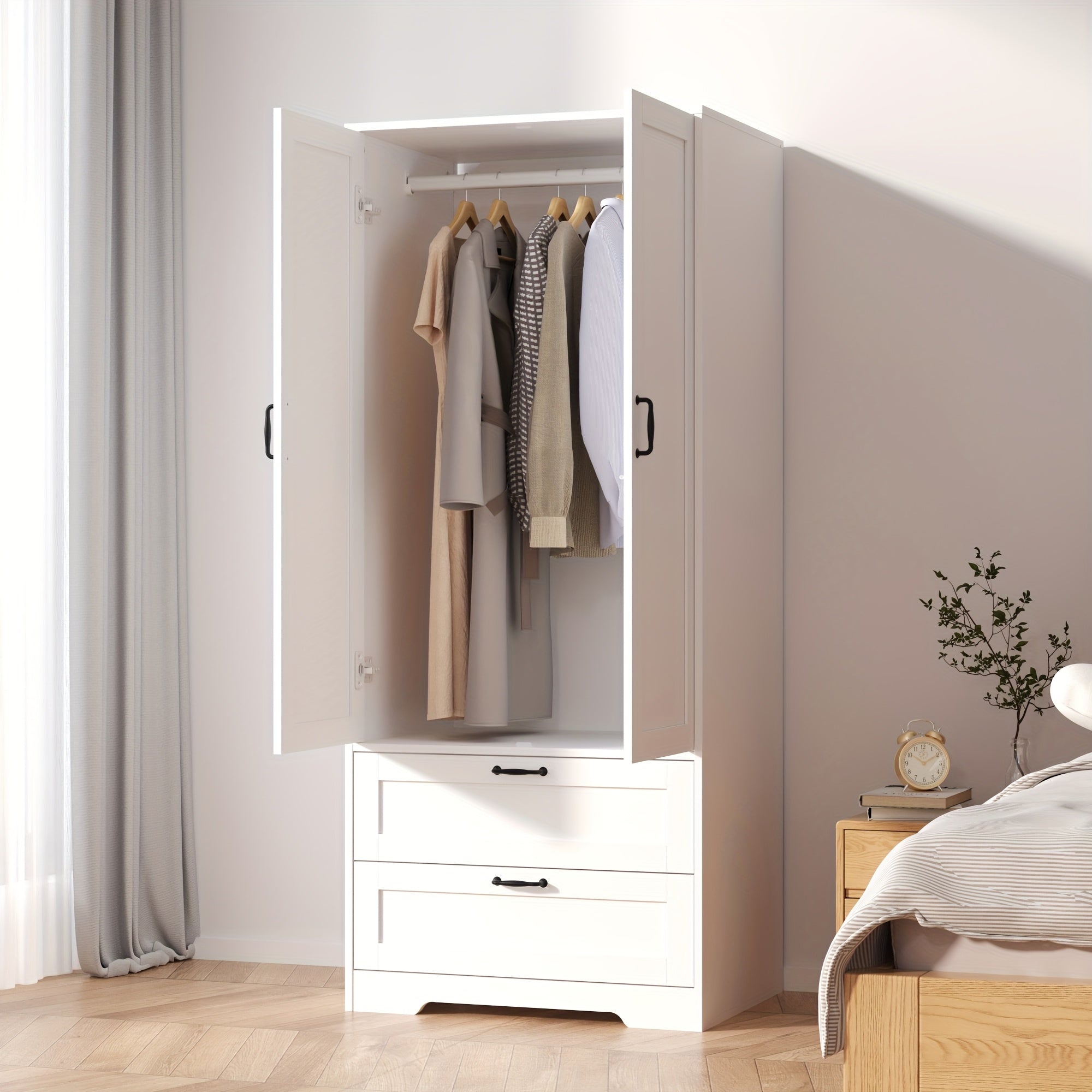 Spacious Contemporary Wardrobe with a Standing Design, Featuring a Clothing Storage Cabinet Equipped with Drawers, Double Doors, And Hangers, Ideal for Bedrooms, Cloakrooms, And Laundry Areas. It Includes 2 Drawers And a Clothes Drying Pole
