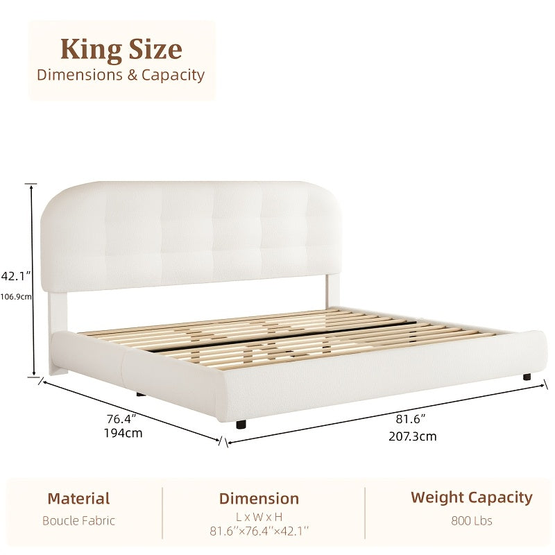 Hombck Twin Full Queen King Size Bed Frame, Upholstered Boucle Bed Frame King Size with Headboard, Soft Cloud Bed Frame with Thickened Footboard, Rounded Corners, No Box Spring Required, Easy Assembly, Cream\u002FWhite