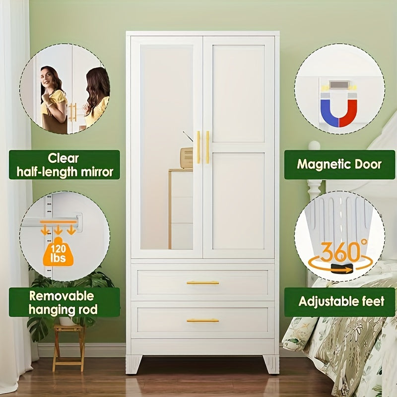 71 Inch Metal Wardrobe with Mirror, 2 Drawers, Adjustable Shelves And Hangers, Clothing Storage Cabinet for Bedroom