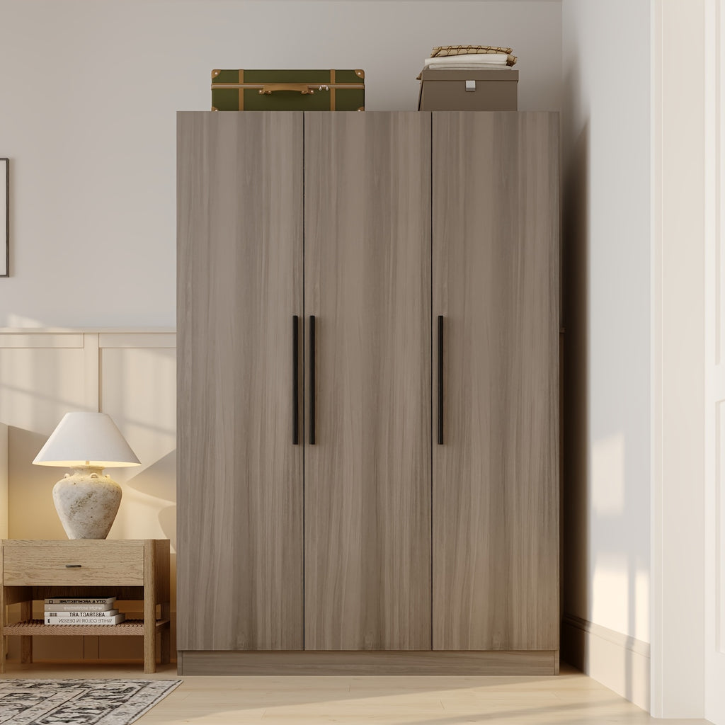 Contemporary Wooden Wardrobe with Three Doors, Designed for Clothing Storage, Featuring Six Compartments And a Hanging Rod. This Closet Includes Handles And Is Suitable for Bedrooms, Offering Ample Storage Space in Grey, Brown, And White Finishes