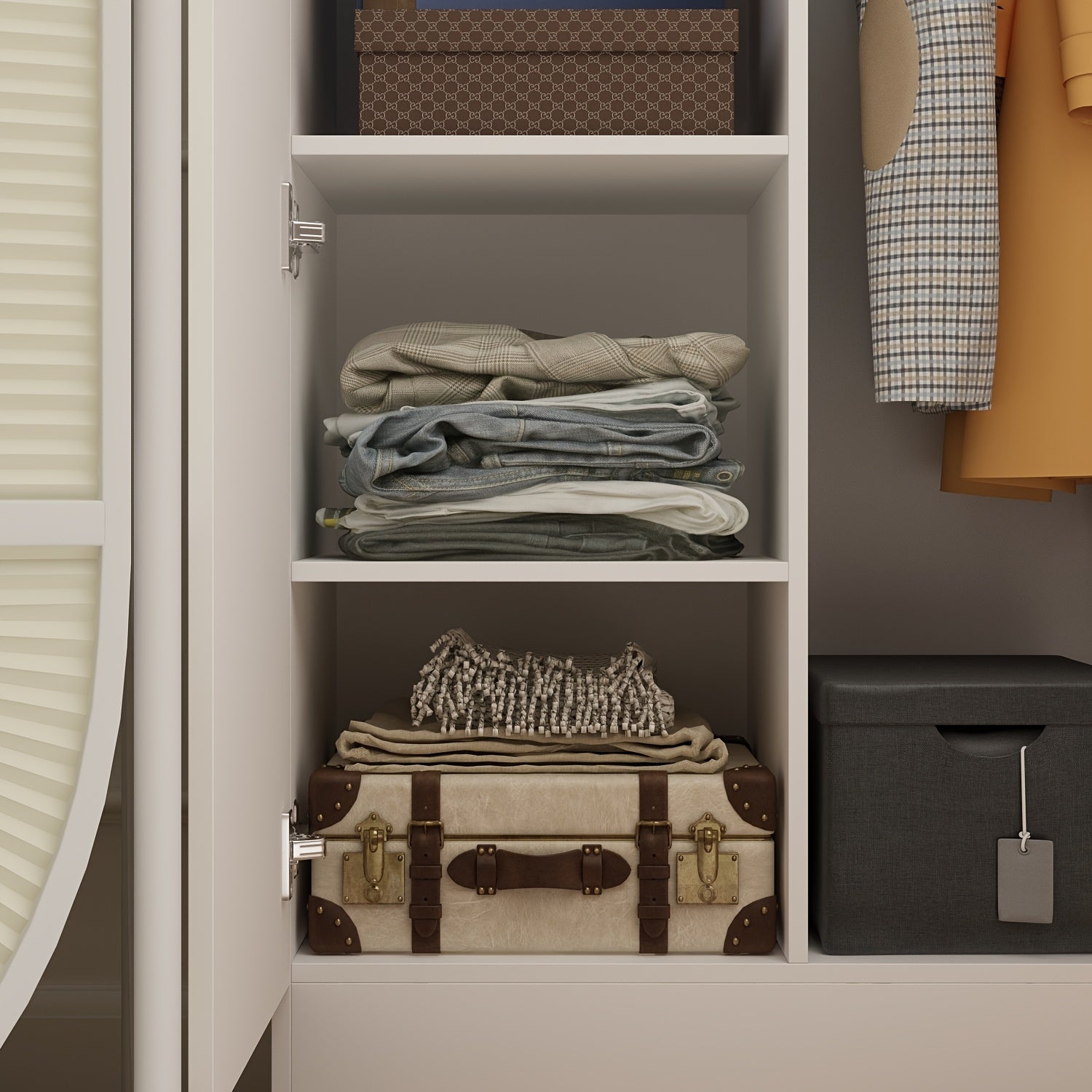 Elegant Wardrobe Armoire Closet with 2 Doors, Freestanding Wardrobe Cabinet with Storage Shelves & Hanging Rod, Bedroom Clothes Cabinet Organizer, White