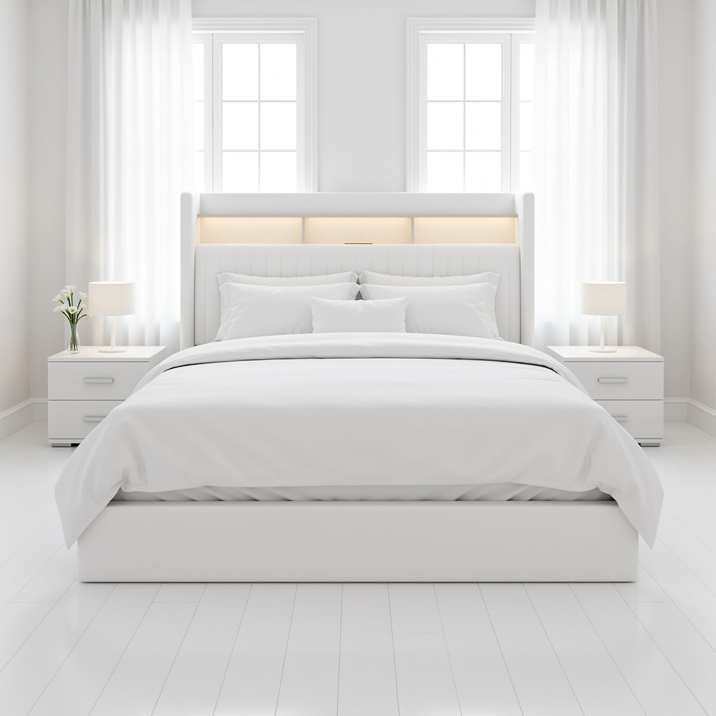 WEEWAY Elevate Storage Bed Frame, Plush Vertical Channel Headboard, LED Lighting And Charging Hub, Hydraulic Assistance, Silent Wooden Slats, No Box Spring Required, Bedroom Furnishings, Master Suite, Guest Room, Available in White, Black, Cream