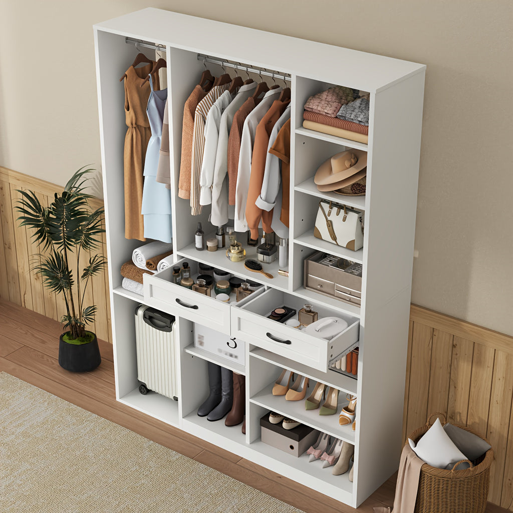 Bedroom Tall Wardrobe with Adjustable Shelves And 2 Drawers, Armoire Wardrobe Closet with 2 Hanging Rods, Wooden Bedroom Closet for Home Room, White Large Armoires with Storage Compartment, 81\