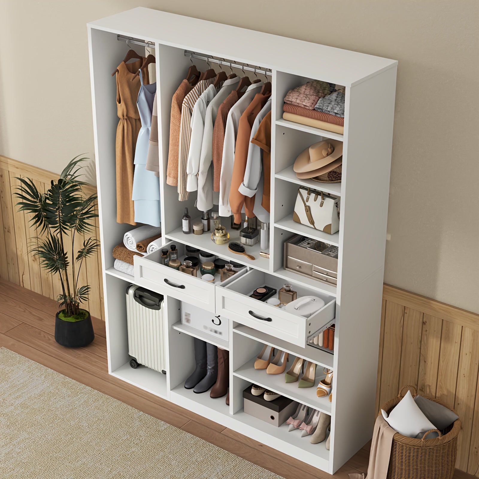 Bedroom Tall Wardrobe with Adjustable Shelves And 2 Drawers, Armoire Wardrobe Closet with 2 Hanging Rods, Wooden Bedroom Closet for Home Room, White Large Armoires with Storage Compartment, 81\