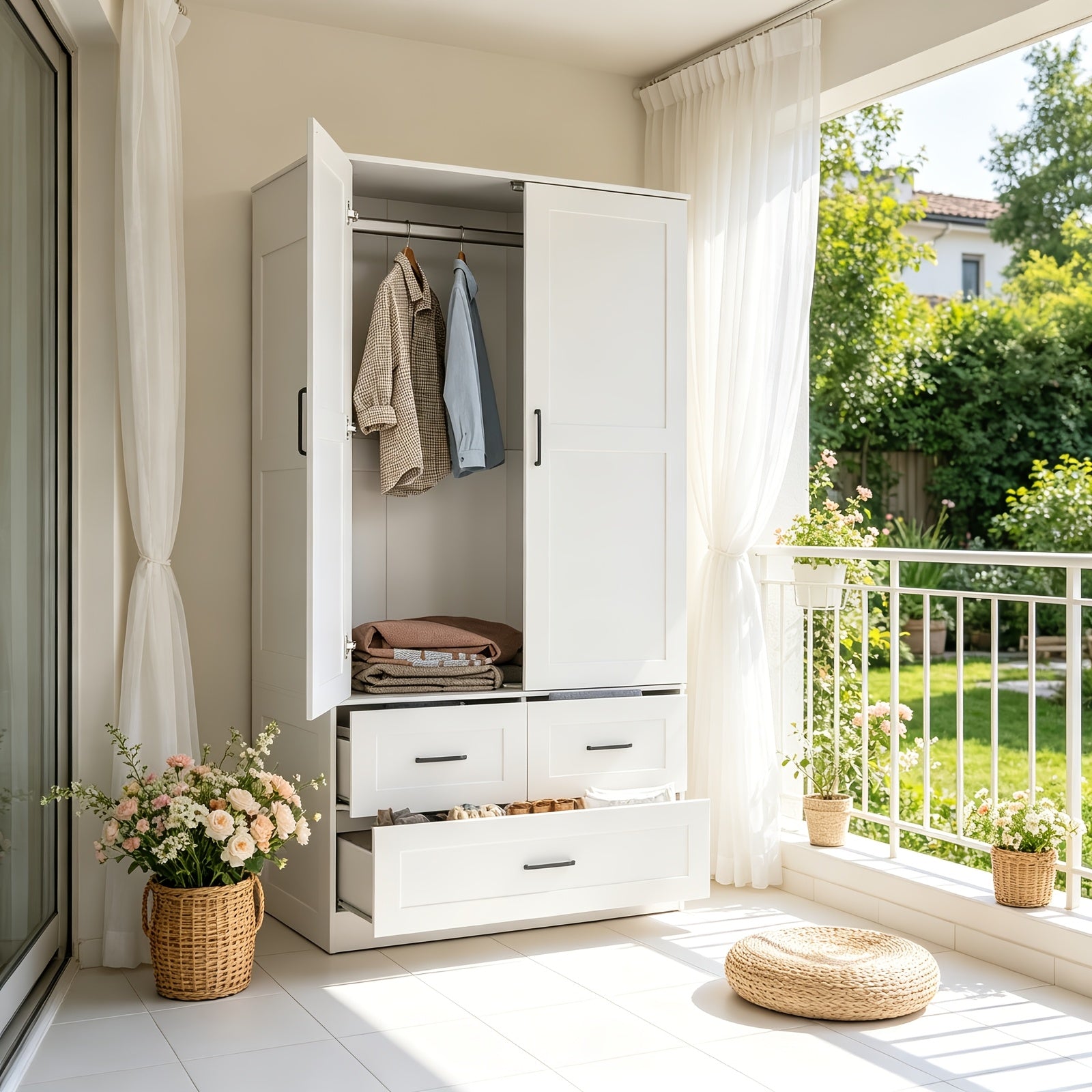 A 70-Inch Standalone Wooden Closet Designed for Bedrooms, Featuring Hanging Rods And Three Spacious Drawers, Ideal for Efficient Clothing Storage