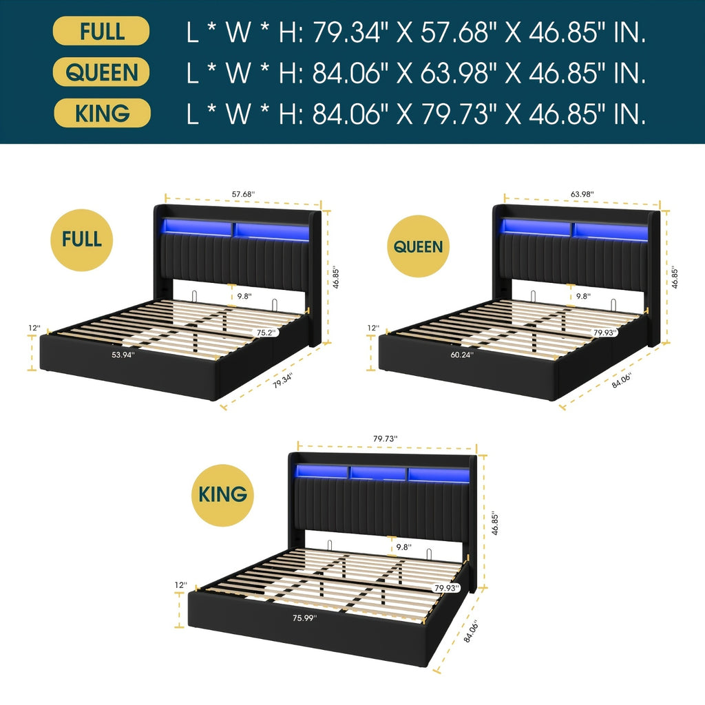 WEEWAY Elevate Storage Bed Frame, Plush Vertical Channel Headboard, LED Lighting And Charging Hub, Hydraulic Assistance, Silent Wooden Slats, No Box Spring Required, Bedroom Furnishings, Master Suite, Guest Room, Available in White, Black, Cream