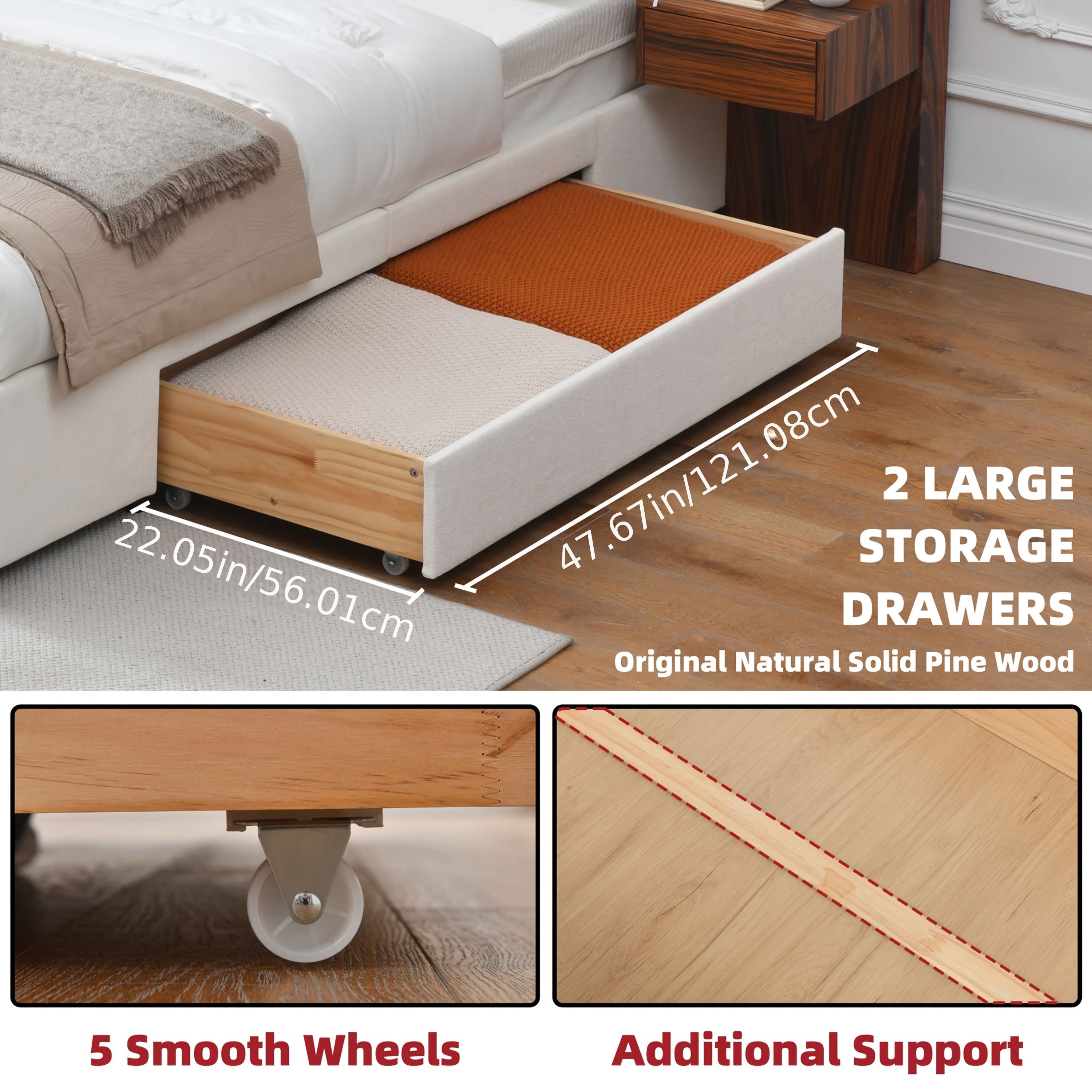 King\u002FQueen Size Wood Platform Bed Frame with Hotel-Style Linen Upholstered Headboard, Nightstands & 2 Large Drawers & Storage Headboard, Wood Slat Support, No Box Spring Needed, Easy Assembly, Ocher\u002FCream
