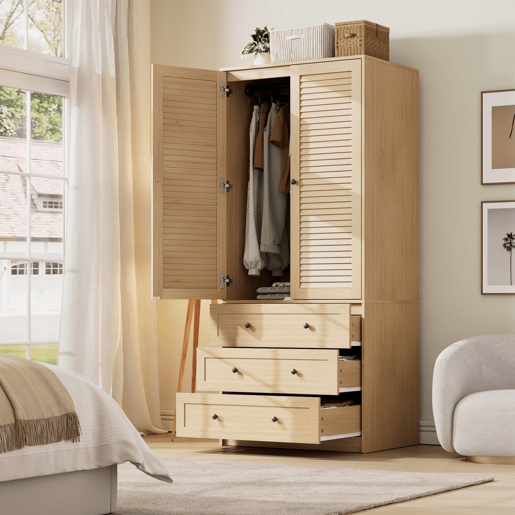 Large Capacity Wooden Wardrobe Cabinet with Rattan Doors, 69.5 in Armoire Closet Featuring 3 Drawers, Hanging Rod, And 2 Doors for Bedroom Clothing Storage, Natural End