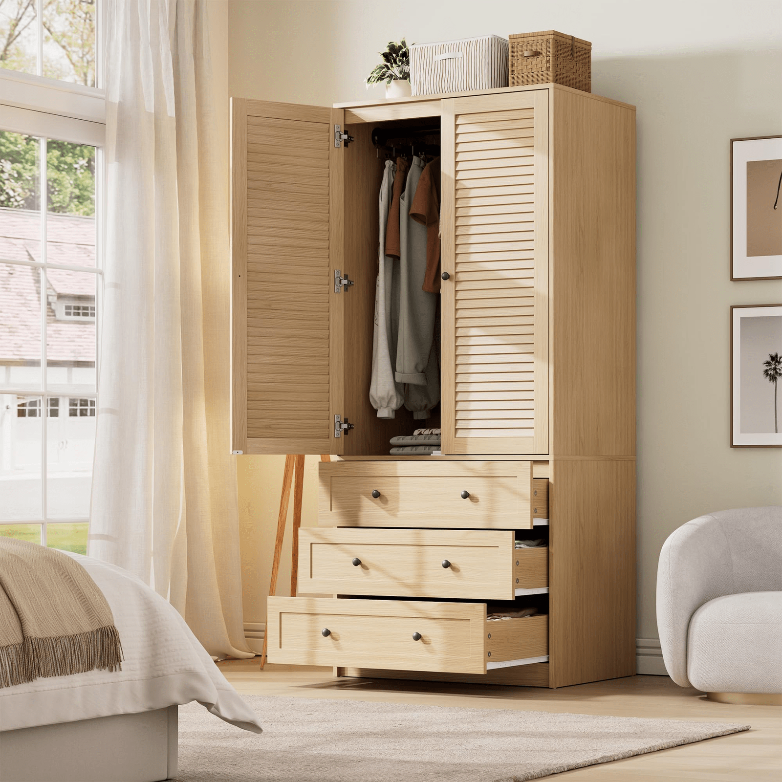 Large Capacity Wooden Wardrobe Cabinet with Rattan Doors, 69.5 in Armoire Closet Featuring 3 Drawers, Hanging Rod, And 2 Doors for Bedroom Clothing Storage, Natural End