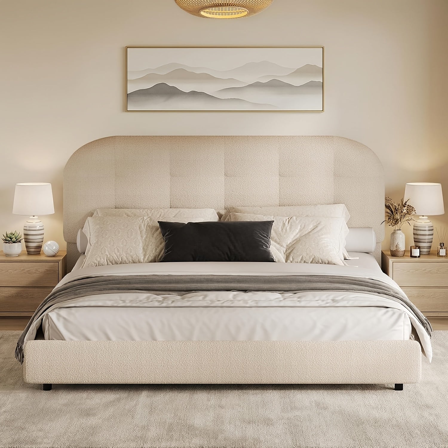 Hombck Twin Full Queen King Size Bed Frame, Upholstered Boucle Bed Frame King Size with Headboard, Soft Cloud Bed Frame with Thickened Footboard, Rounded Corners, No Box Spring Required, Easy Assembly, Cream\u002FWhite