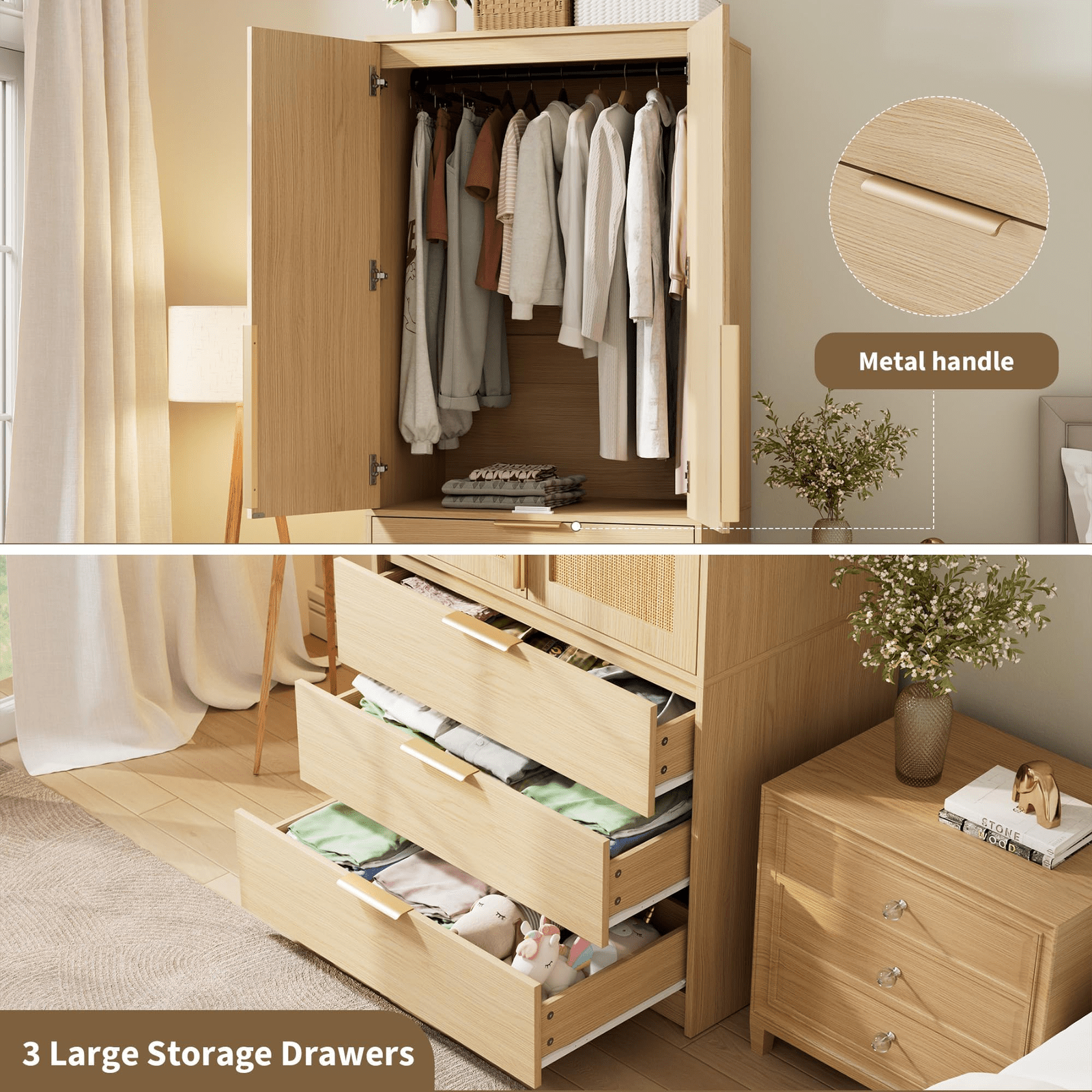 Large Capacity Wooden Wardrobe Cabinet with Rattan Doors, 69.5 in Armoire Closet Featuring 3 Drawers, Hanging Rod, And 2 Doors for Bedroom Clothing Storage, Natural End