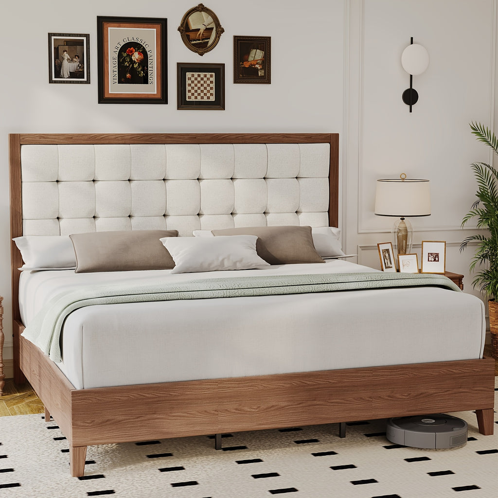 ALBOTT Mid-Century Solid Wood Bed with Padded Headboard And Wooden Slats Support, Box Spring Not Required