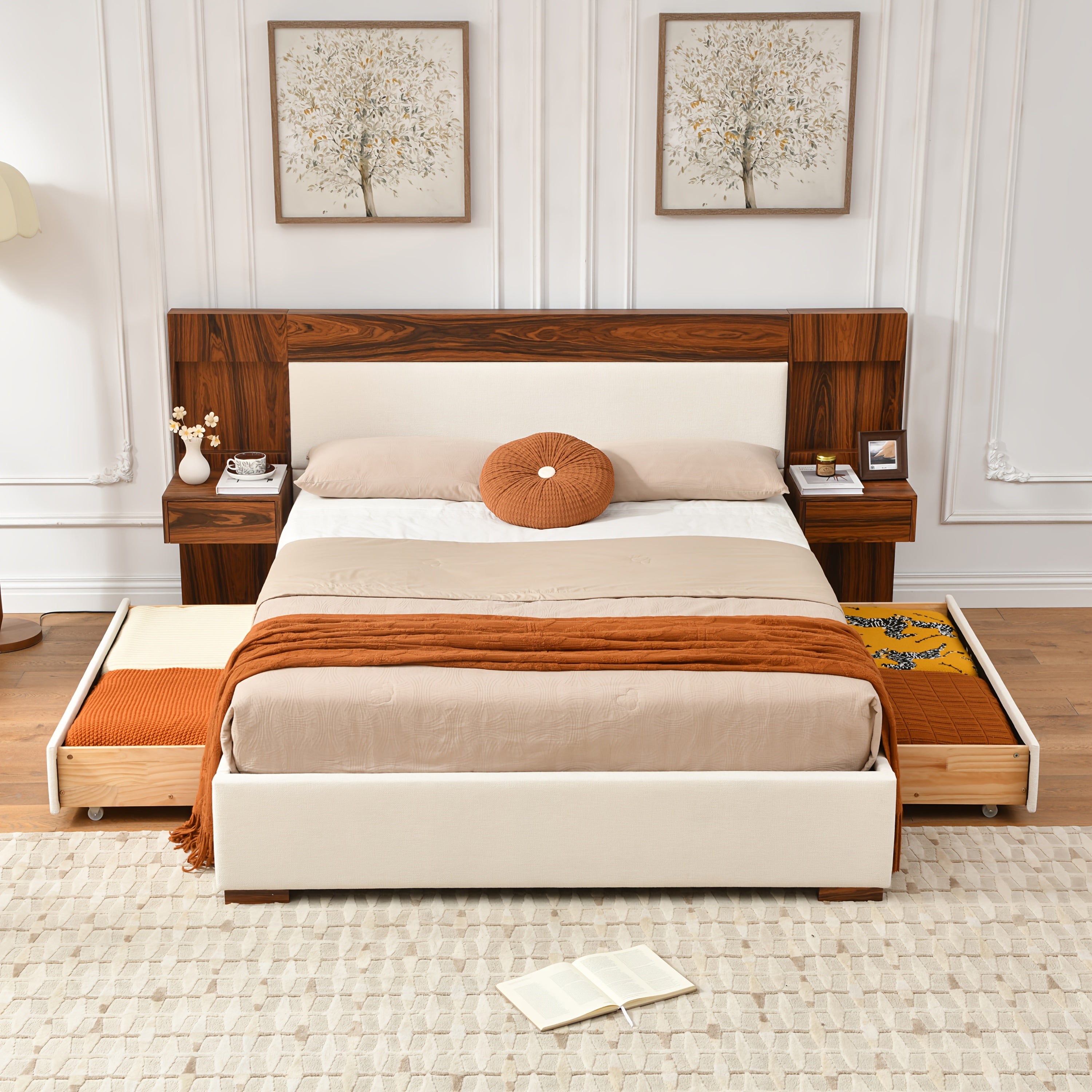 King\u002FQueen Size Wood Platform Bed Frame with Hotel-Style Linen Upholstered Headboard, Nightstands & 2 Large Drawers & Storage Headboard, Wood Slat Support, No Box Spring Needed, Easy Assembly, Ocher\u002FCream