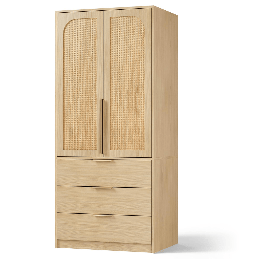 Large Capacity Wooden Wardrobe Cabinet with Rattan Doors, 69.5 in Armoire Closet Featuring 3 Drawers, Hanging Rod, And 2 Doors for Bedroom Clothing Storage, Natural End