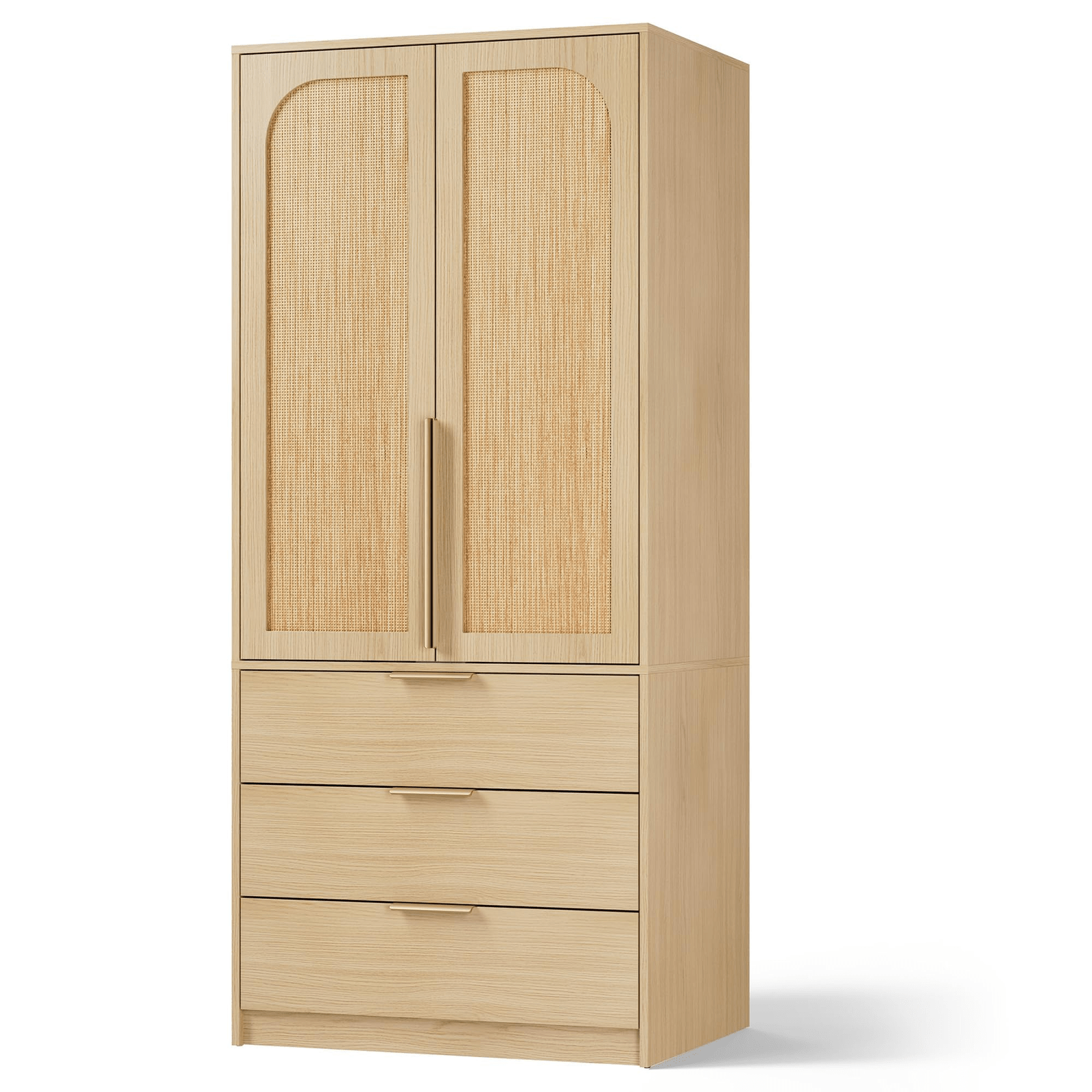 Large Capacity Wooden Wardrobe Cabinet with Rattan Doors, 69.5 in Armoire Closet Featuring 3 Drawers, Hanging Rod, And 2 Doors for Bedroom Clothing Storage, Natural End