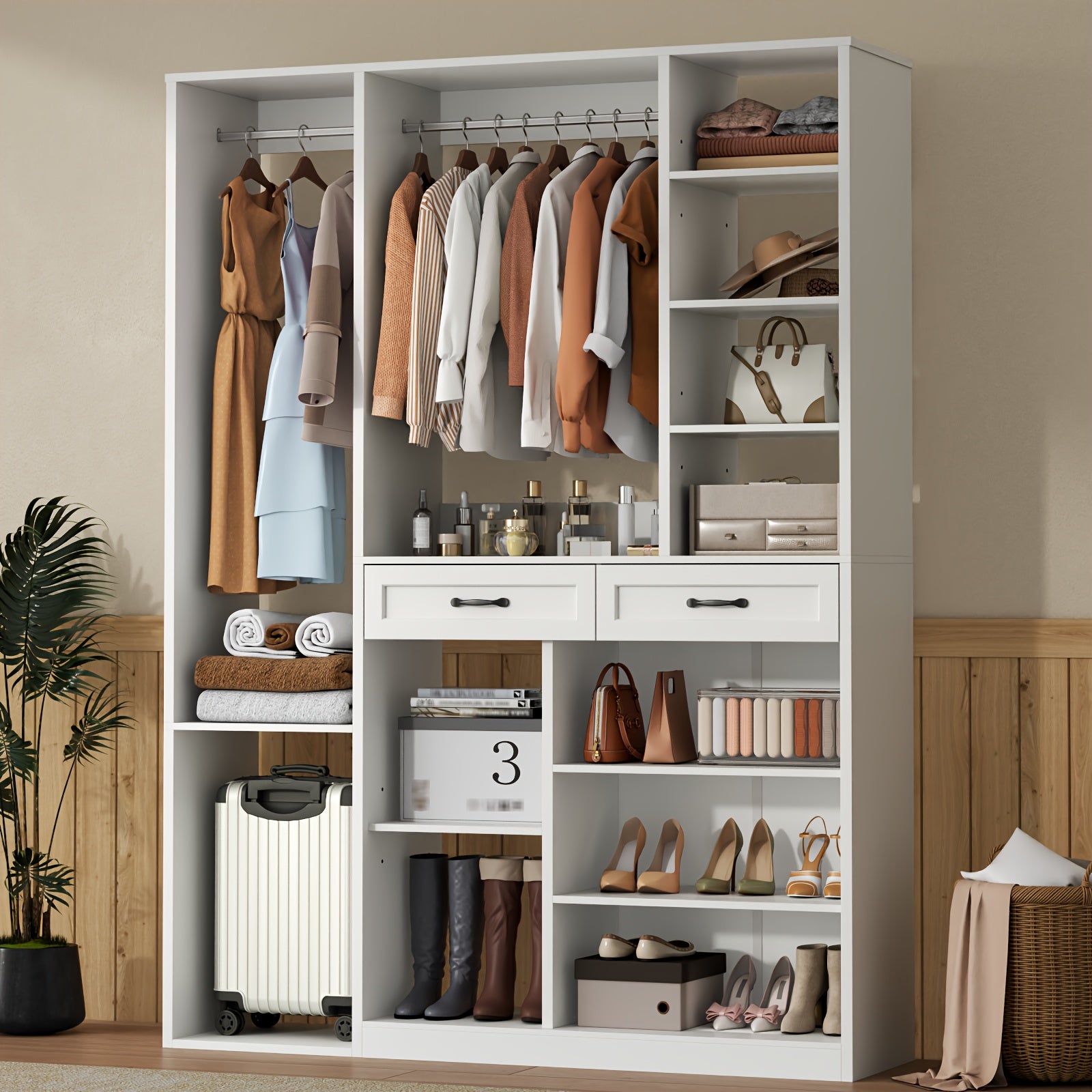 Bedroom Tall Wardrobe with Adjustable Shelves And 2 Drawers, Armoire Wardrobe Closet with 2 Hanging Rods, Wooden Bedroom Closet for Home Room, White Large Armoires with Storage Compartment, 81\