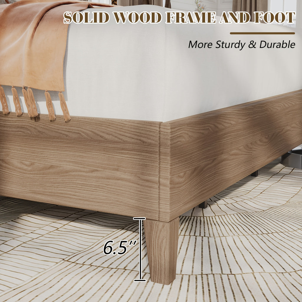 ALBOTT Mid-Century Solid Wood Bed with Padded Headboard And Wooden Slats Support, Box Spring Not Required