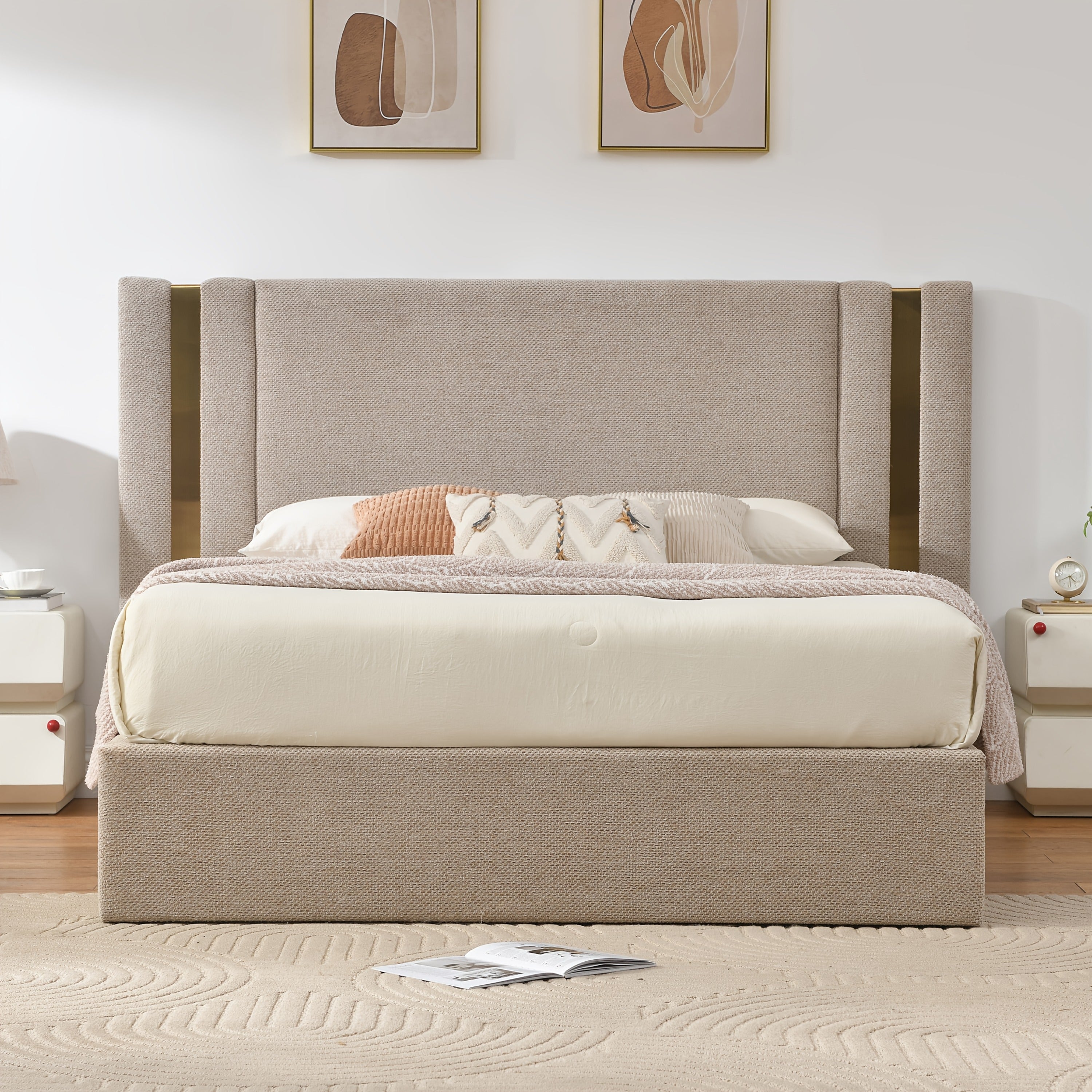 Platform Bed Frame in Queen Or King Size with a Lift-Up Feature for Ample Storage Beneath, Crafted from Wood, Eliminating The Need for a Box Spring, Easy to Assemble, Available in White Or Mink
