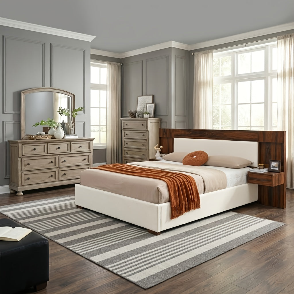 King\u002FQueen Size Wood Platform Bed Frame with Hotel-Style Linen Upholstered Headboard, Nightstands & 2 Large Drawers & Storage Headboard, Wood Slat Support, No Box Spring Needed, Easy Assembly, Ocher\u002FCream